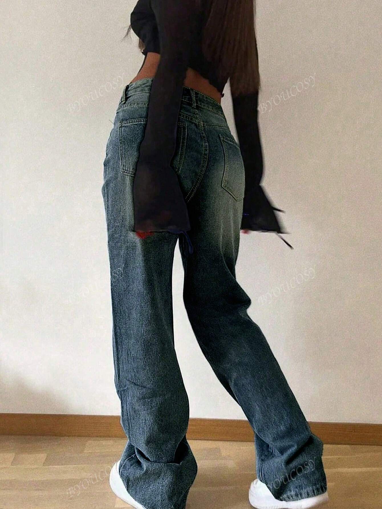 Pantalon en jean droit empilé ample rétro pour femmes