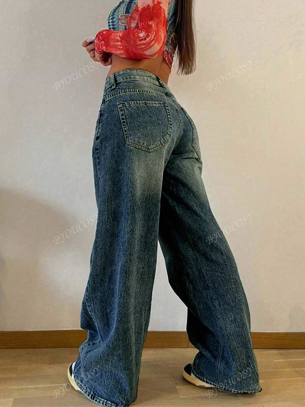 Pantalon en jean droit empilé ample rétro pour femmes