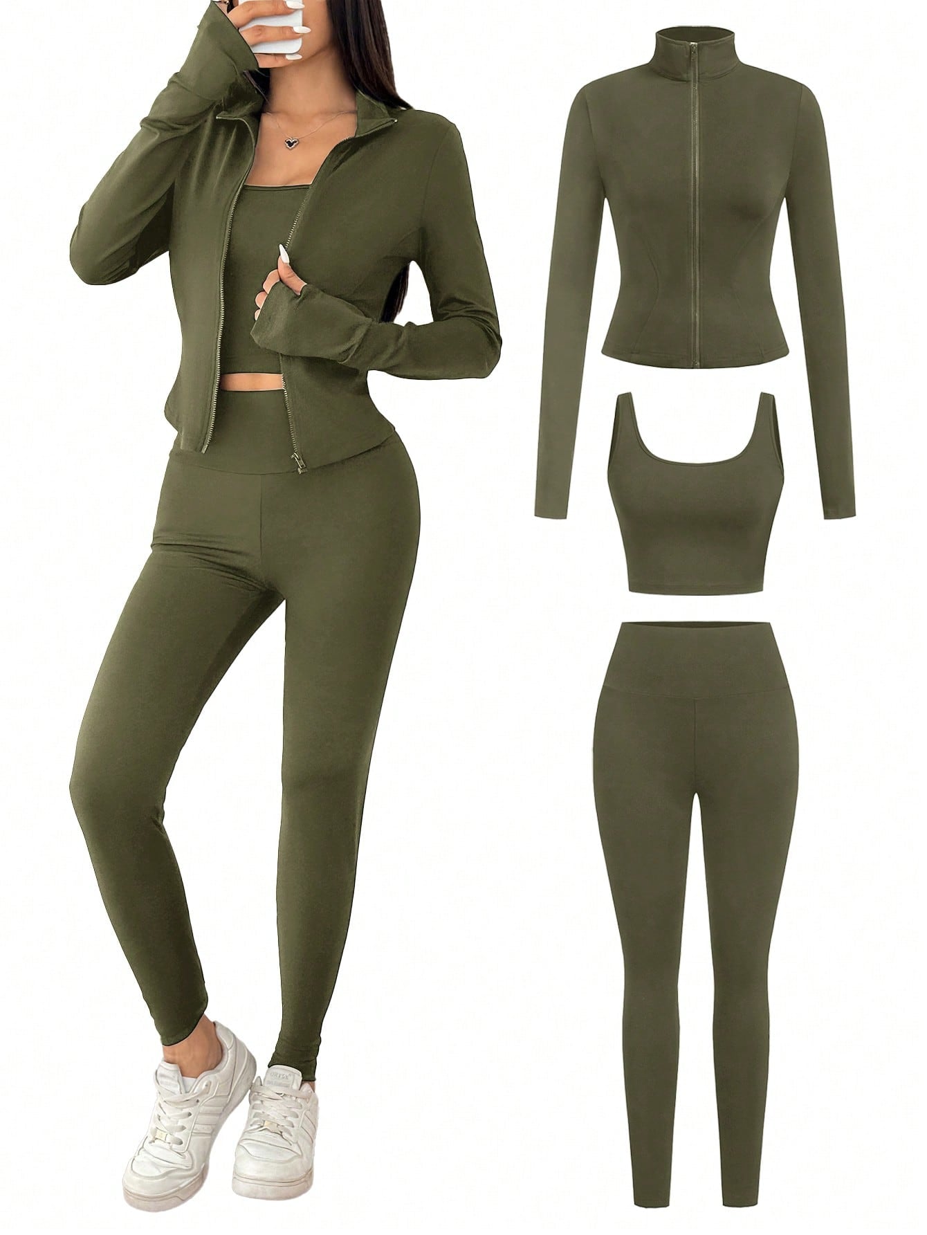 SHEIN EZwear Ensemble de 3 pièces de vêtements de sport pour femme comprenant un cardigan zippé en tricot noir, un débardeur et un pantalon