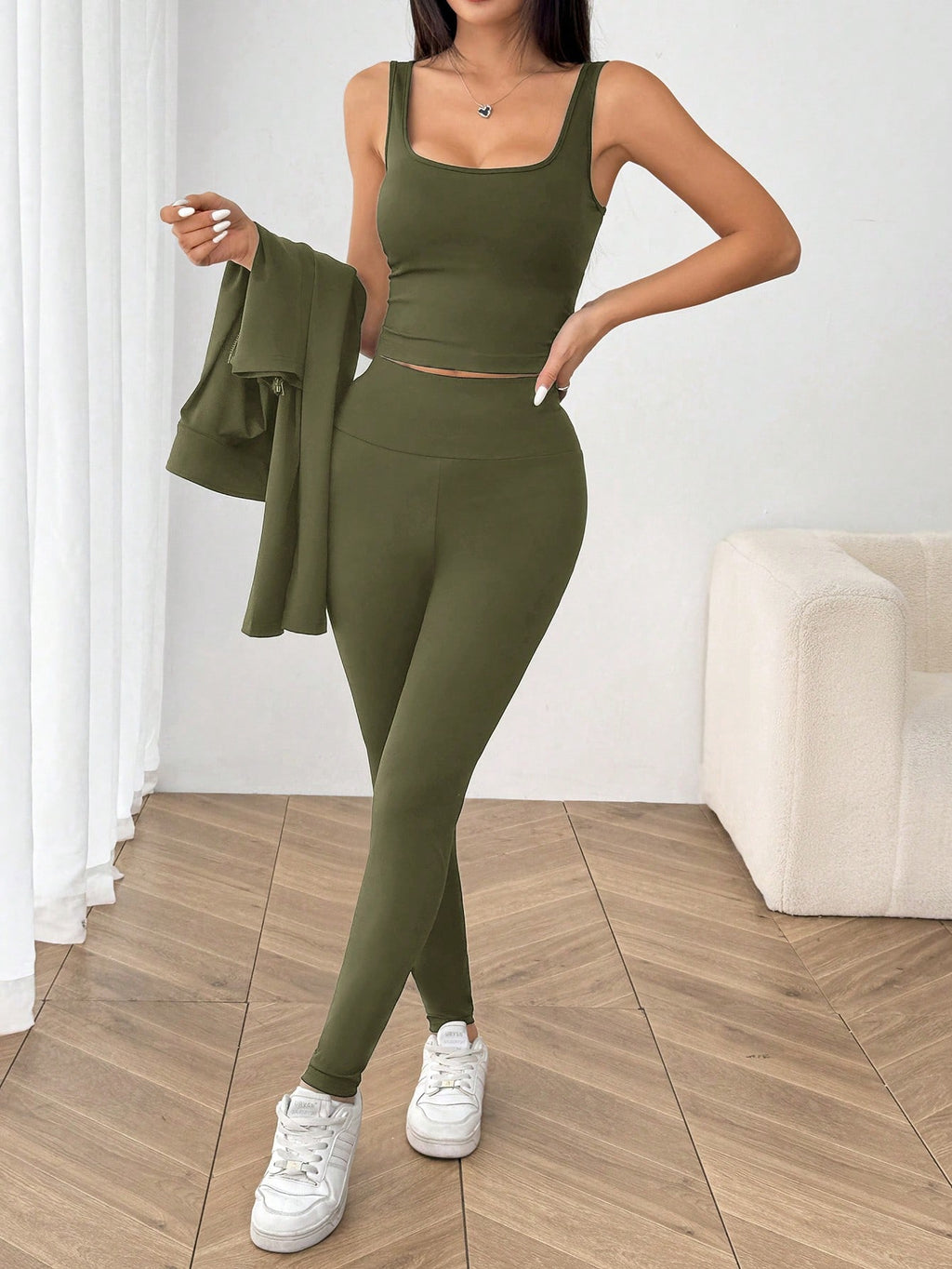 SHEIN EZwear Ensemble de 3 pièces de vêtements de sport pour femme comprenant un cardigan zippé en tricot noir, un débardeur et un pantalon