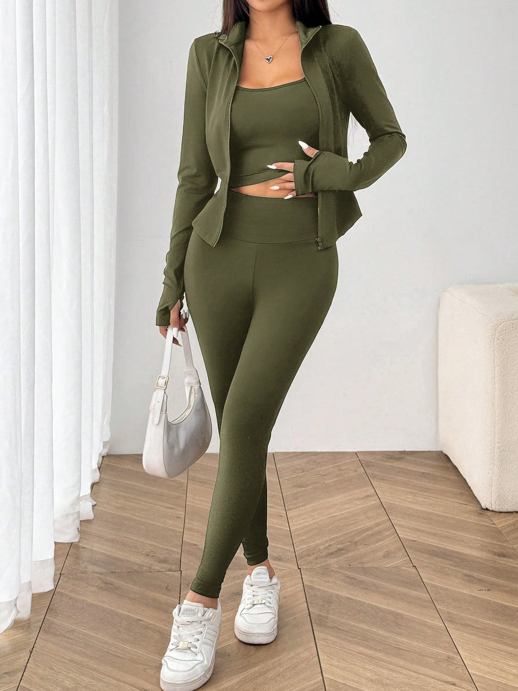 SHEIN EZwear Ensemble de 3 pièces de vêtements de sport pour femme comprenant un cardigan zippé en tricot noir, un débardeur et un pantalon