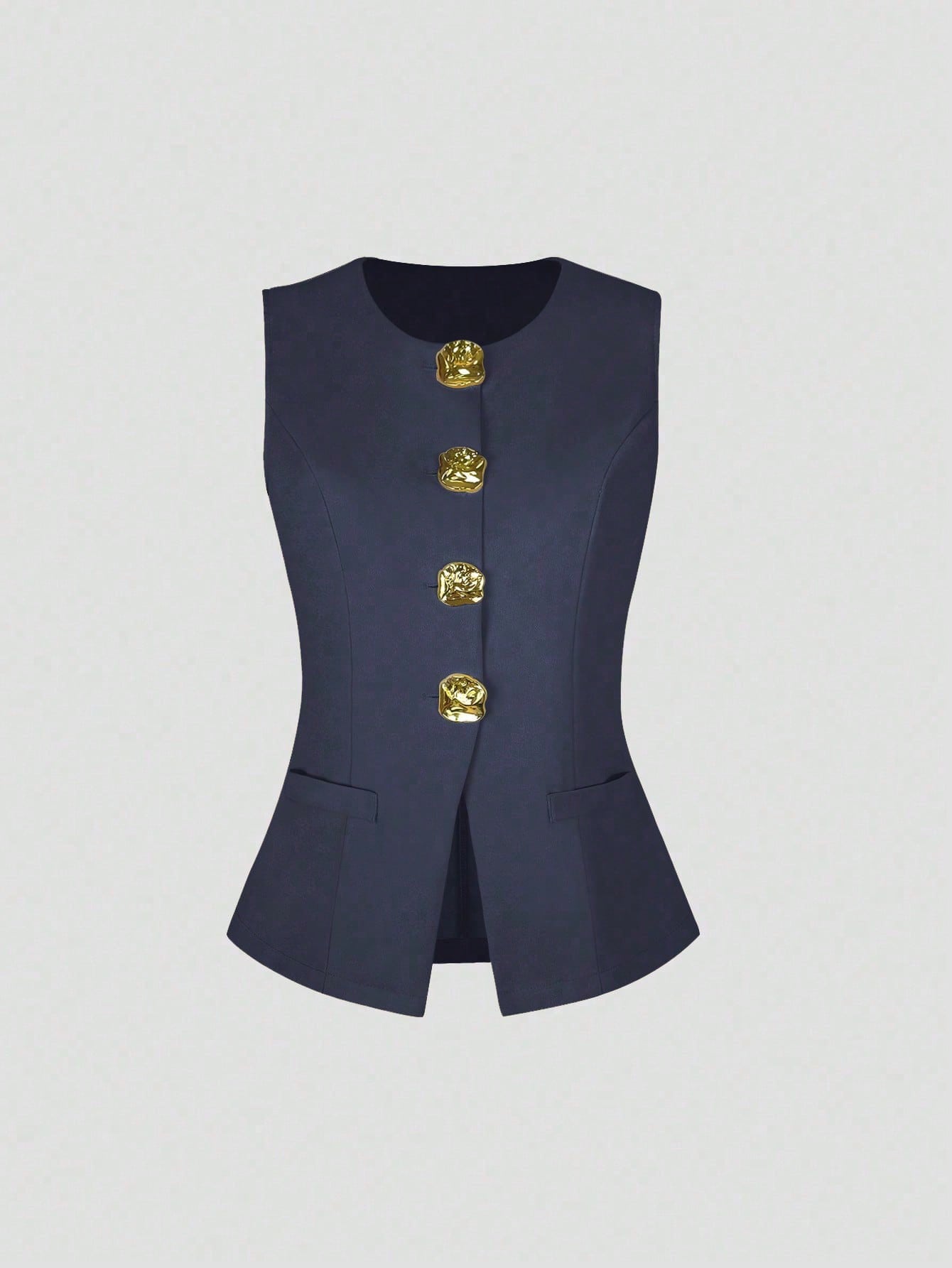Sweetra Blazer sans manches basique de style français pour femmes avec boutons en métal, fin