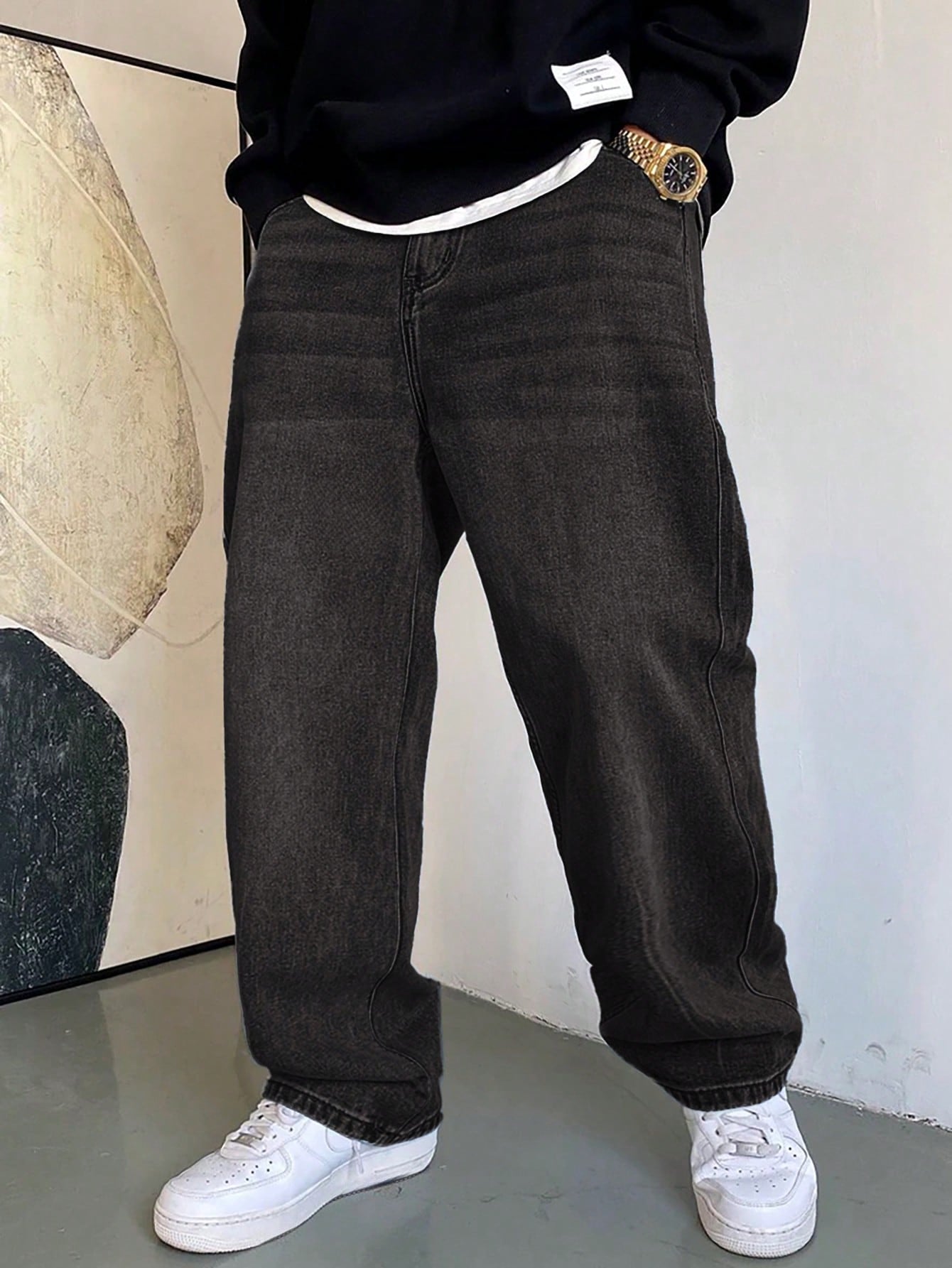 1 pièce Jeans à jambe large droite et ample délavé casual pour hommes, style japonais polyvalent