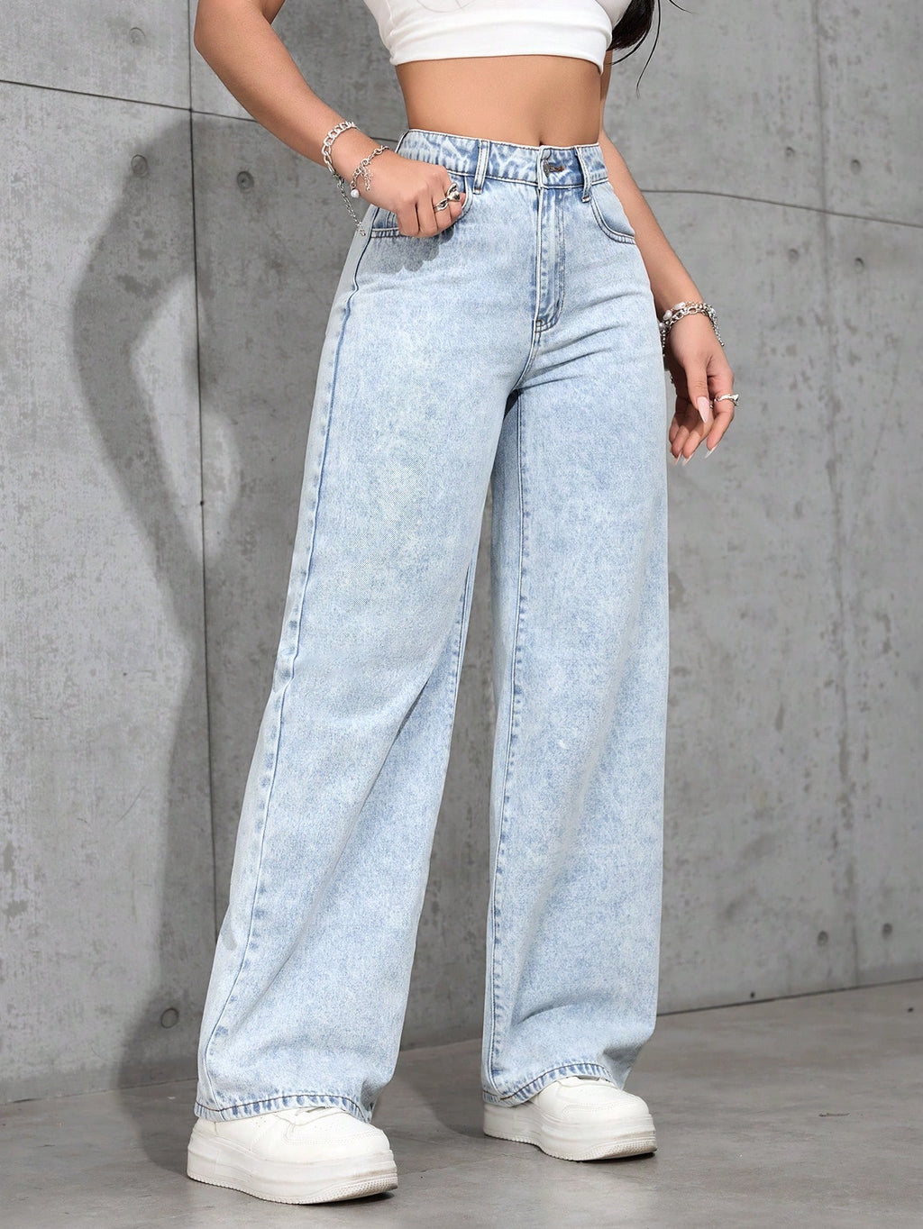SHEIN PETITE Jeans décontractés, lavés, coupe droite relâchée