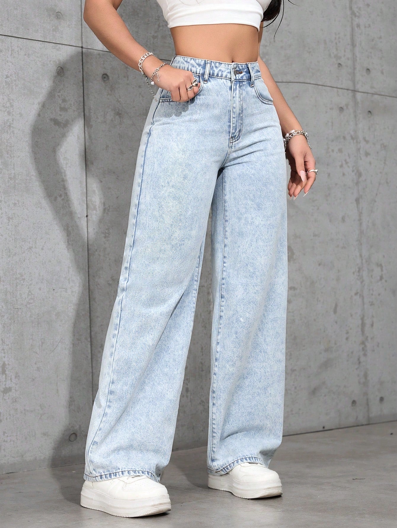 SHEIN PETITE Jeans décontractés, lavés, coupe droite relâchée