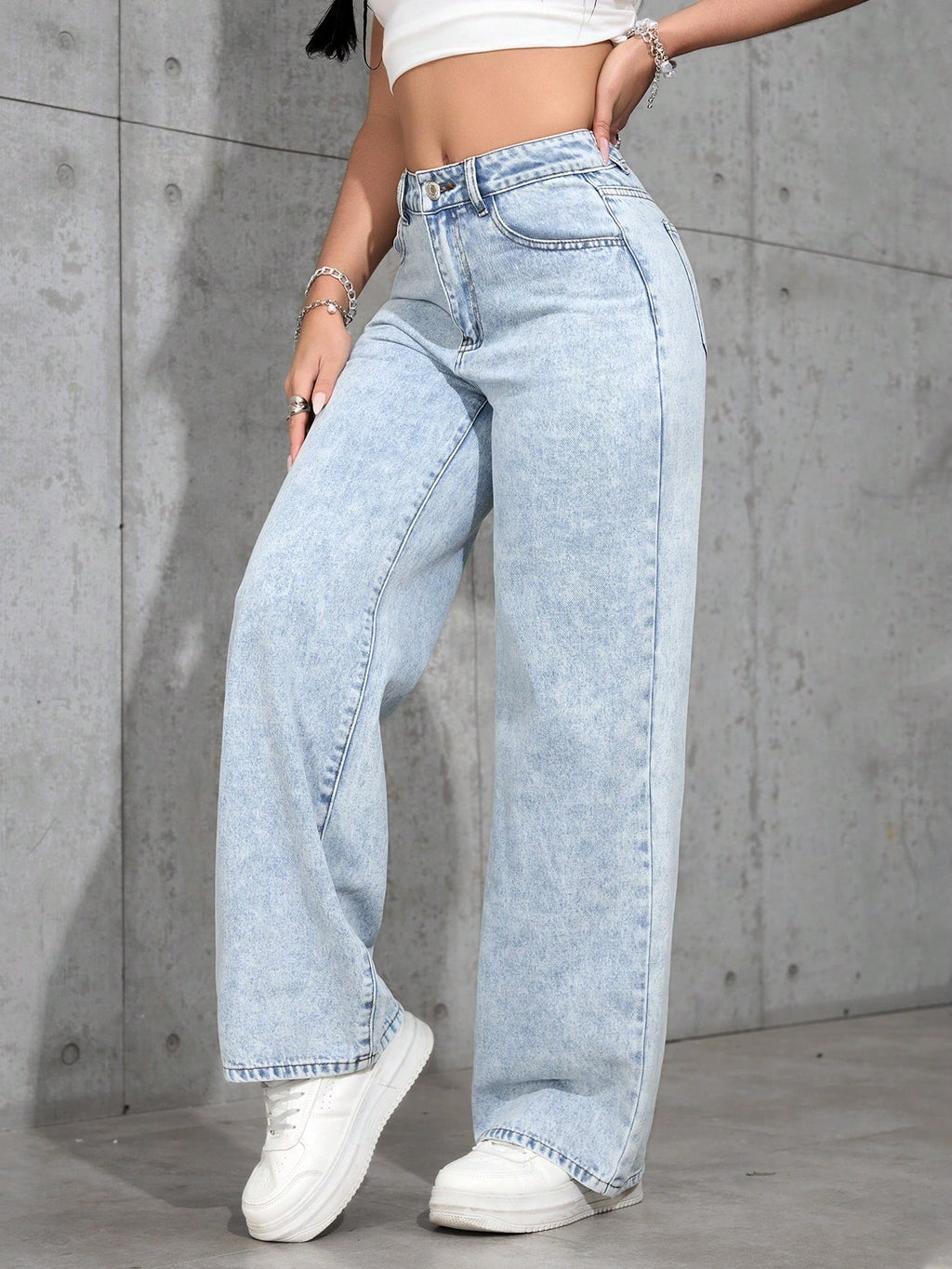 SHEIN PETITE Jeans décontractés, lavés, coupe droite relâchée