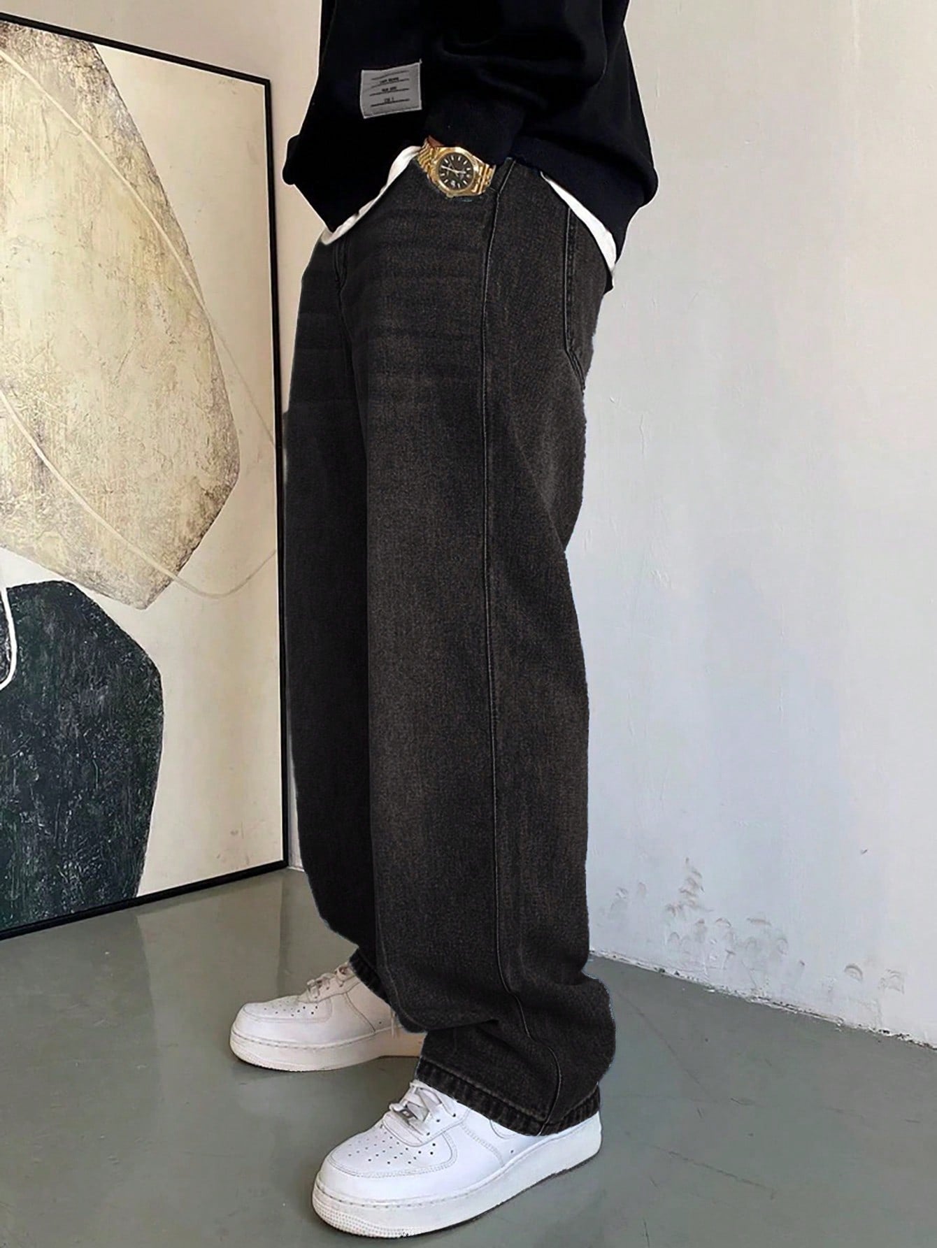 1 pièce Jeans à jambe large droite et ample délavé casual pour hommes, style japonais polyvalent
