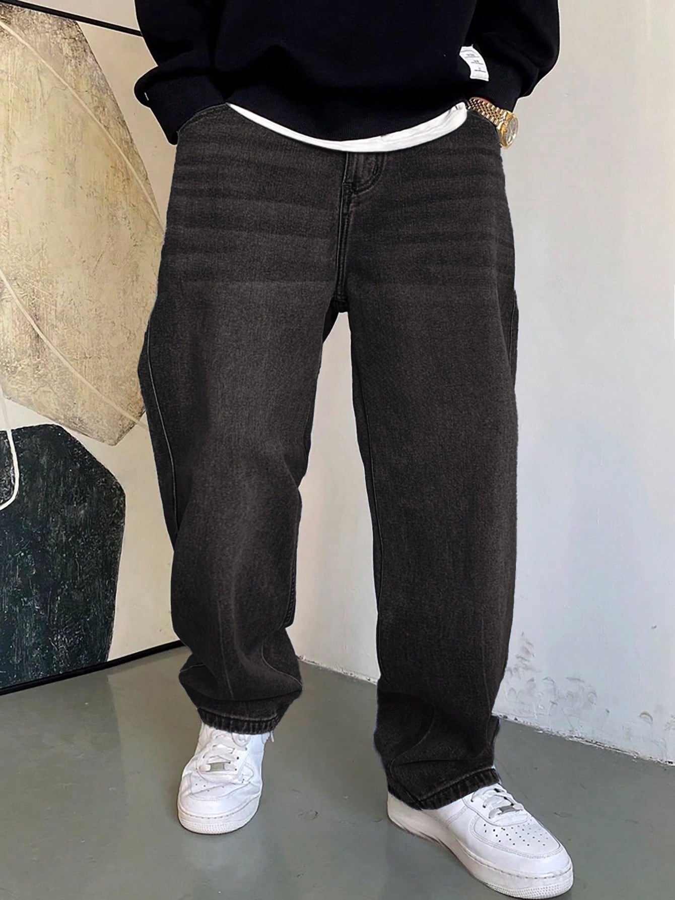 1 pièce Jeans à jambe large droite et ample délavé casual pour hommes, style japonais polyvalent