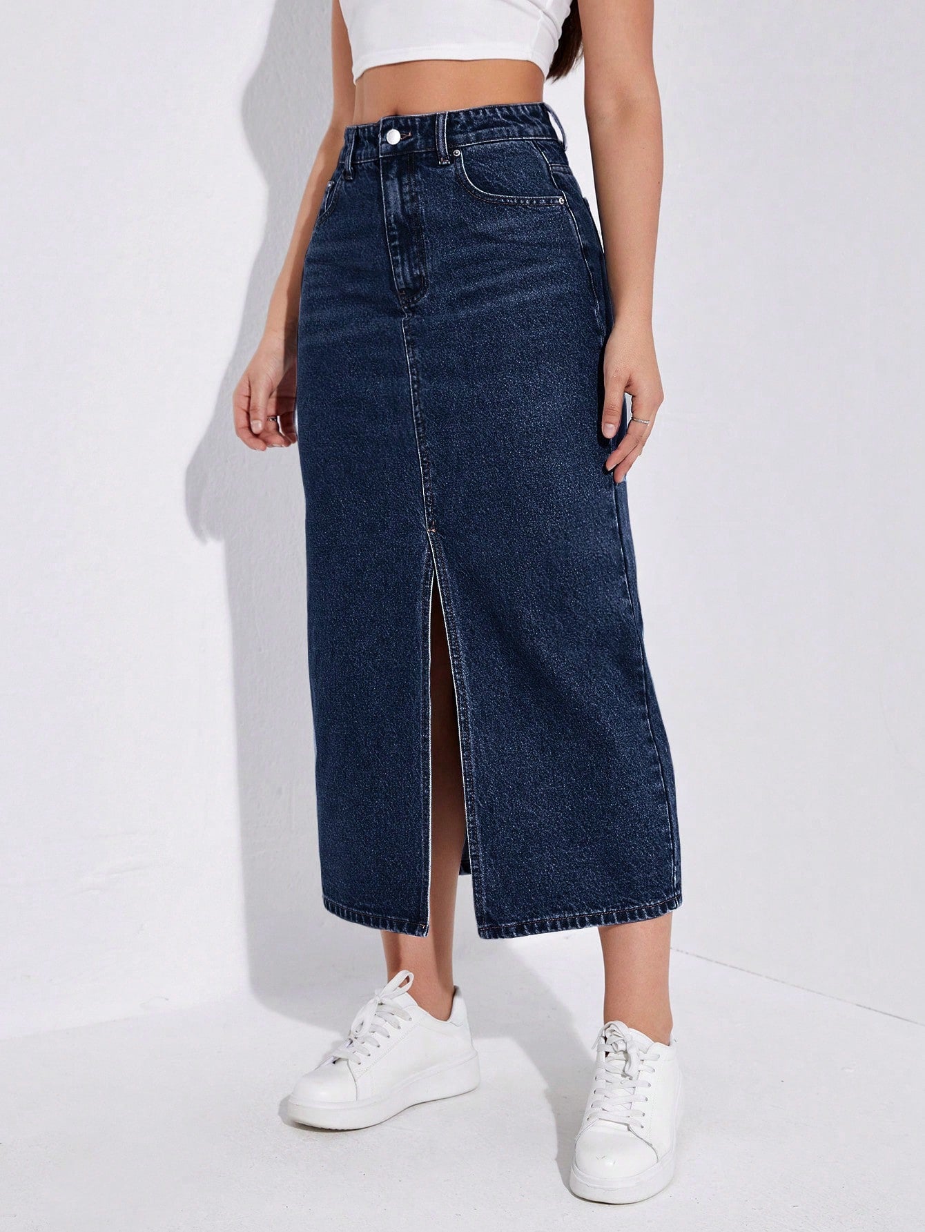 SHEIN EZwear Jupe en jean décontractée coupe droite longue pour femme avec poches à fente avant