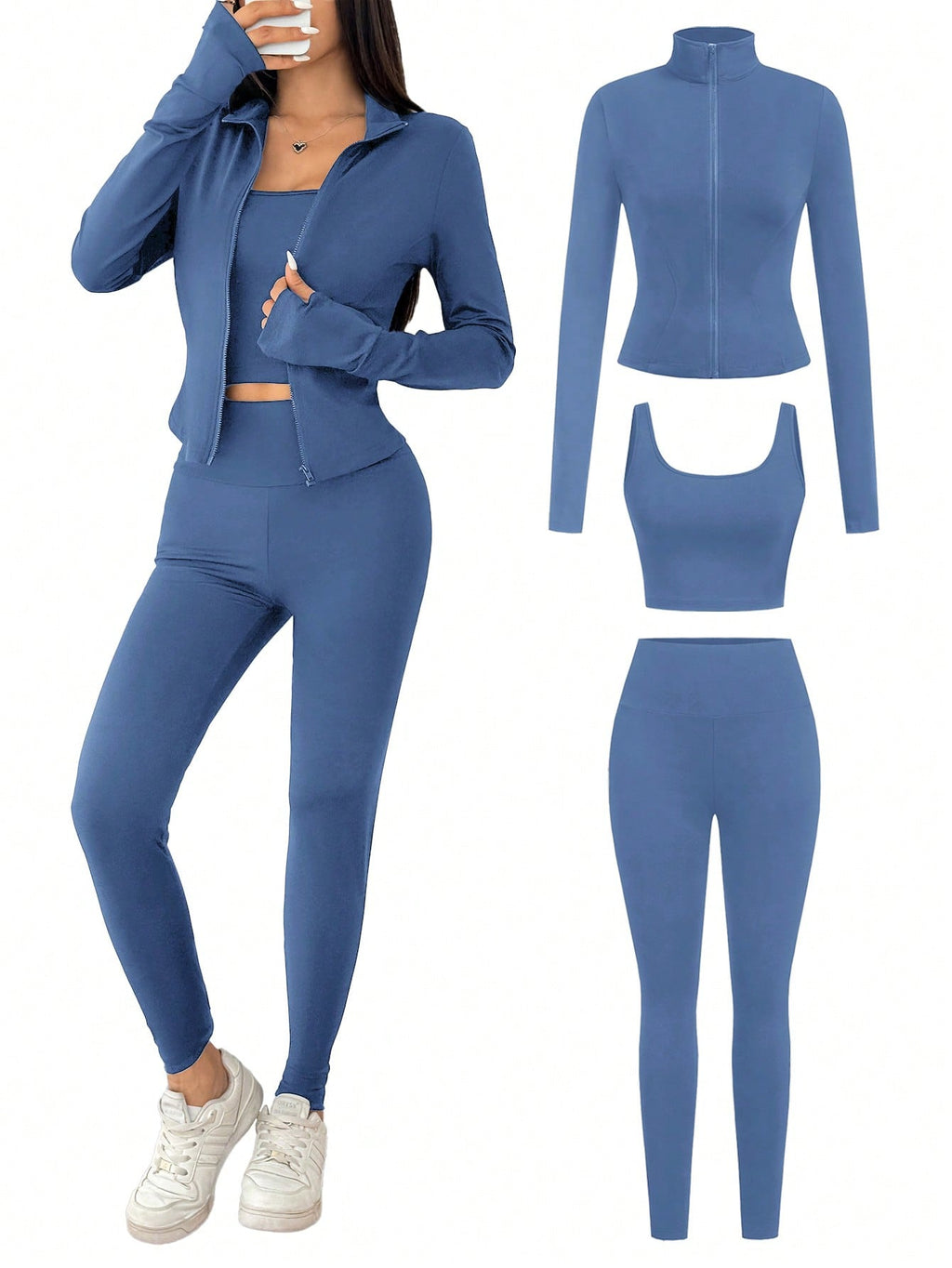 SHEIN EZwear Ensemble de 3 pièces de vêtements de sport pour femme comprenant un cardigan zippé en tricot noir, un débardeur et un pantalon