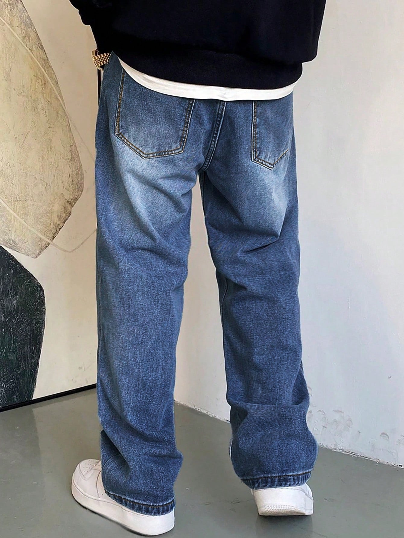 1 pièce Jeans à jambe large droite et ample délavé casual pour hommes, style japonais polyvalent