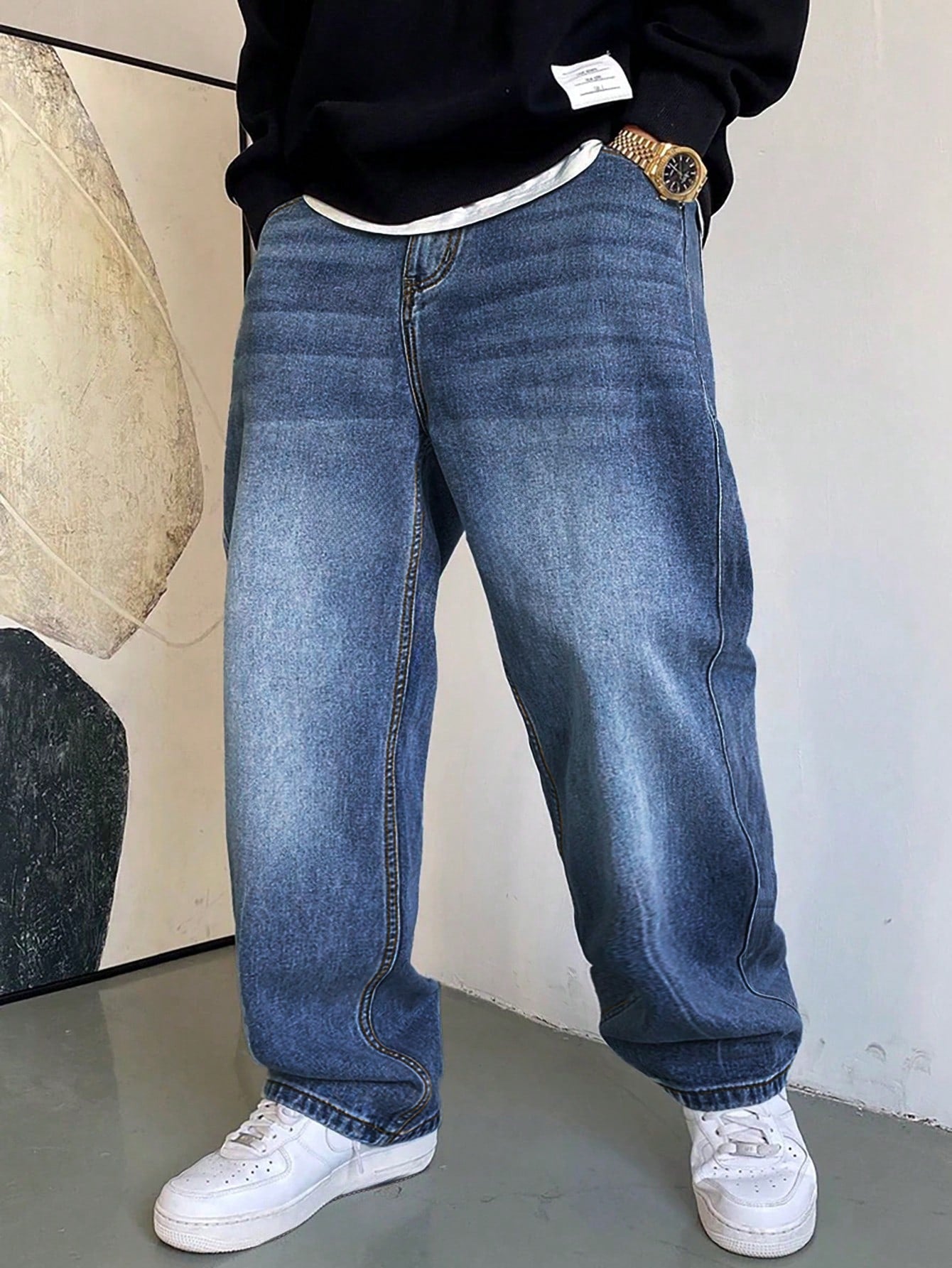1 pièce Jeans à jambe large droite et ample délavé casual pour hommes, style japonais polyvalent