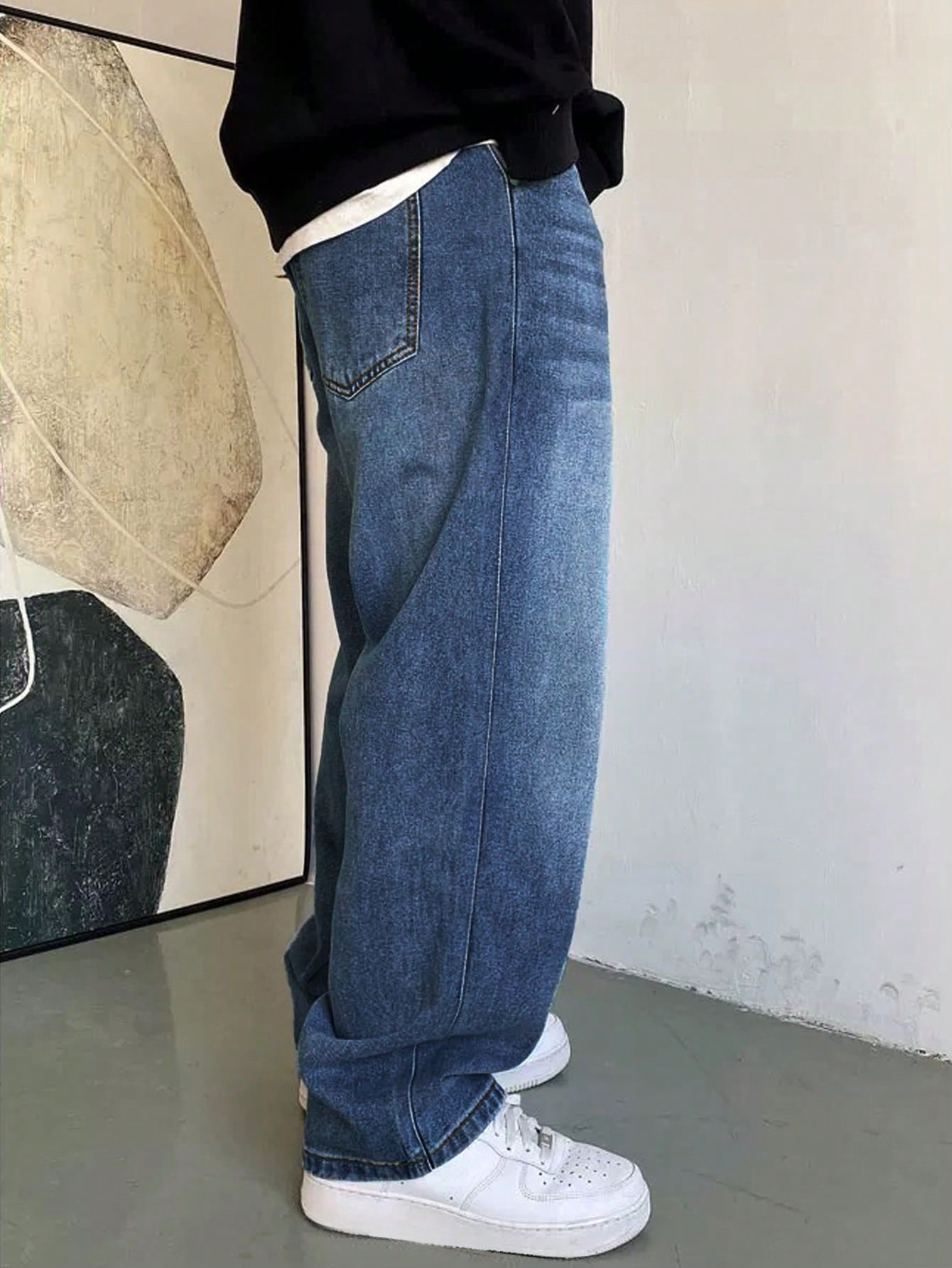1 pièce Jeans à jambe large droite et ample délavé casual pour hommes, style japonais polyvalent