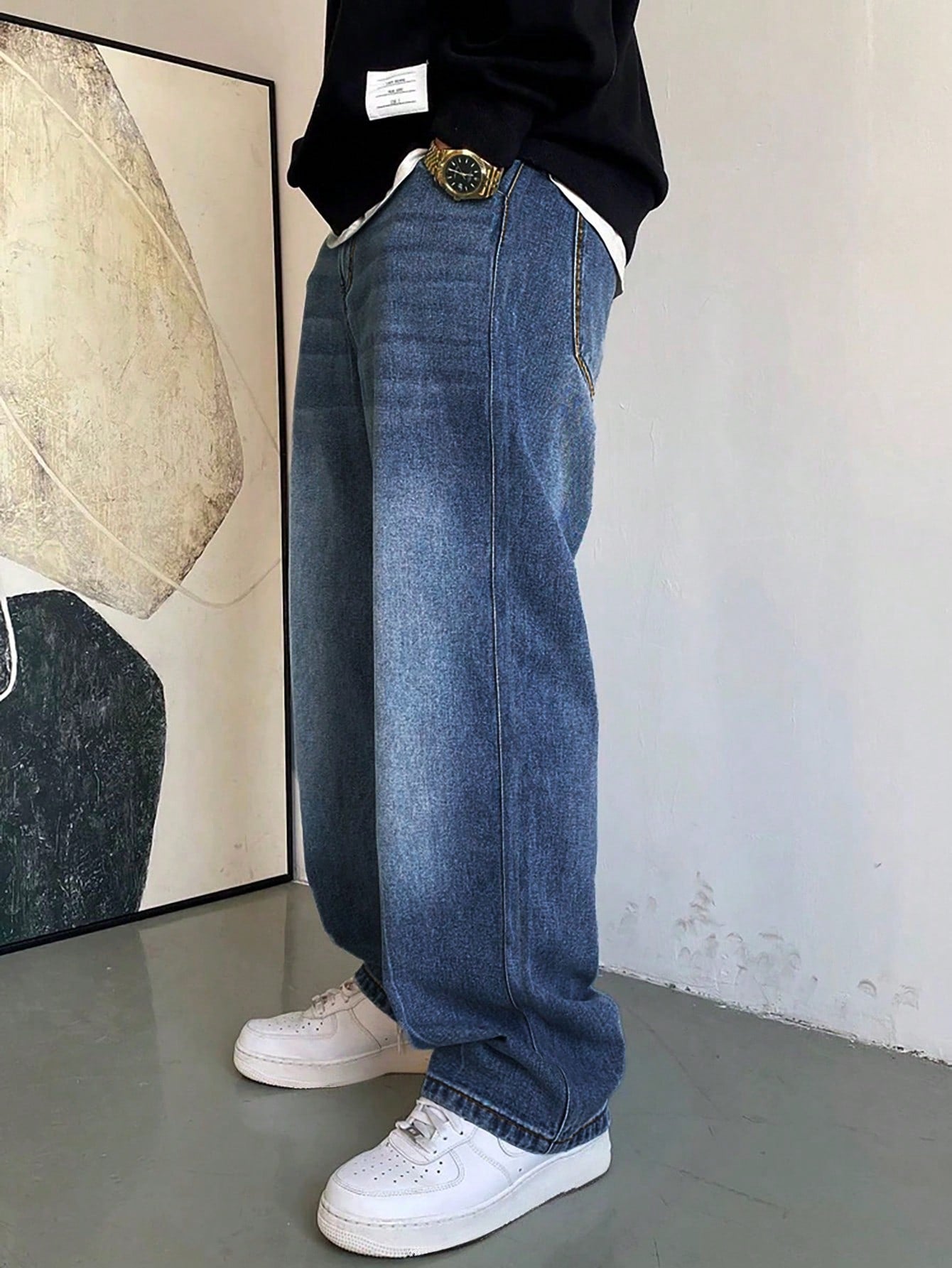 1 pièce Jeans à jambe large droite et ample délavé casual pour hommes, style japonais polyvalent