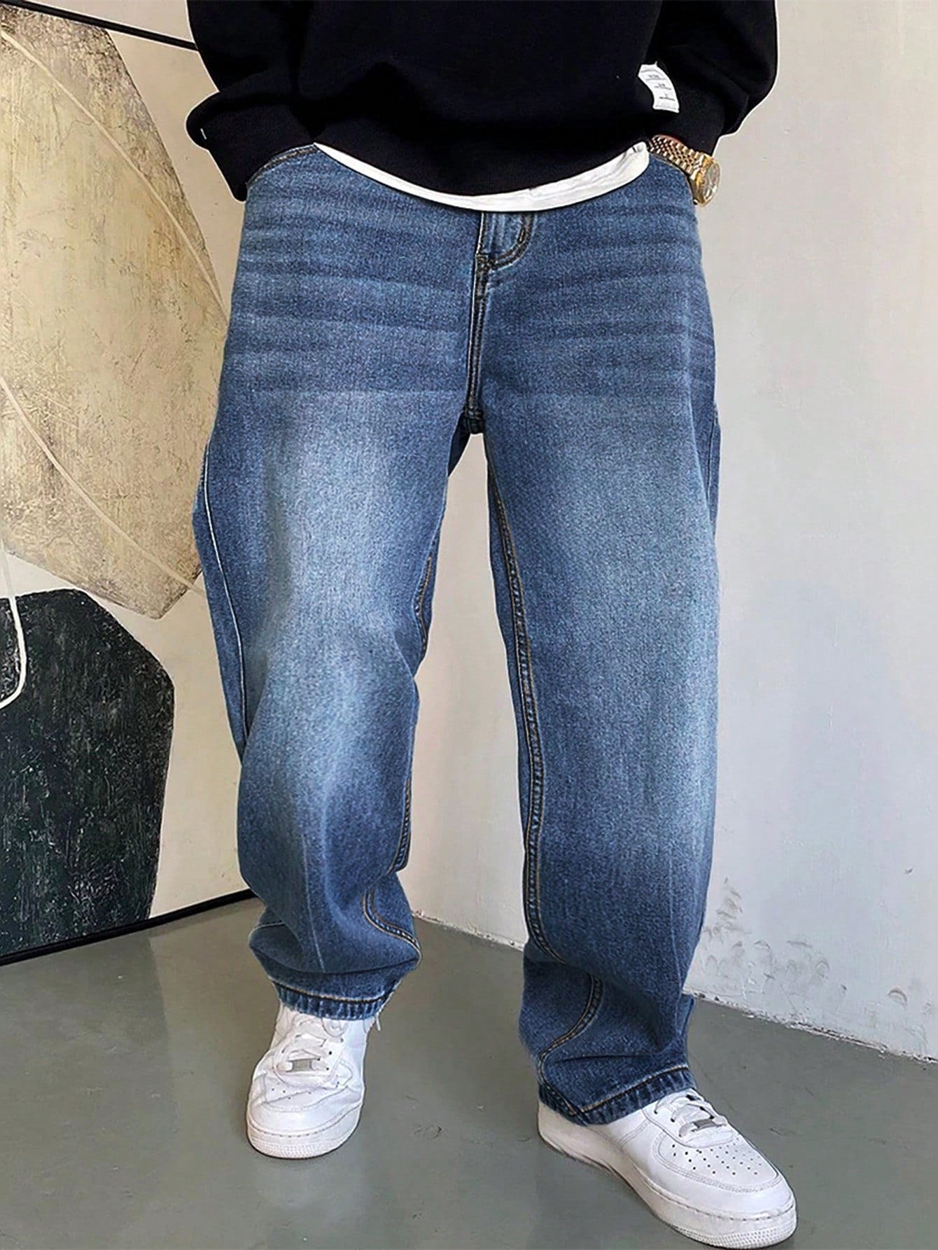 1 pièce Jeans à jambe large droite et ample délavé casual pour hommes, style japonais polyvalent