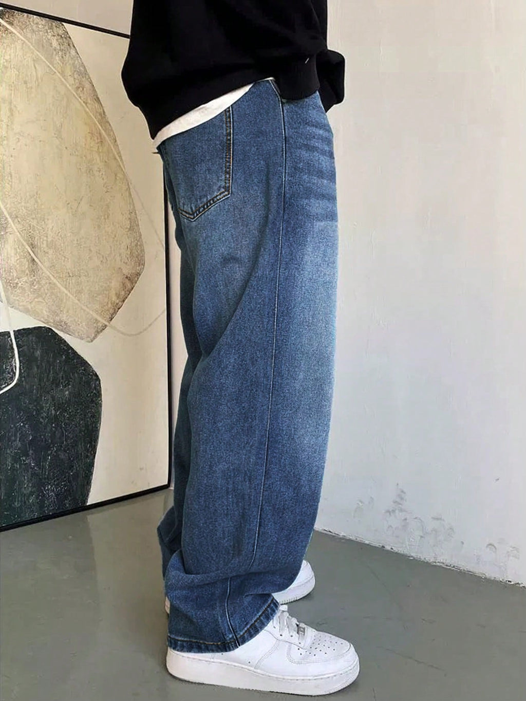 1 pièce Jeans à jambe large droite et ample délavé casual pour hommes, style japonais polyvalent