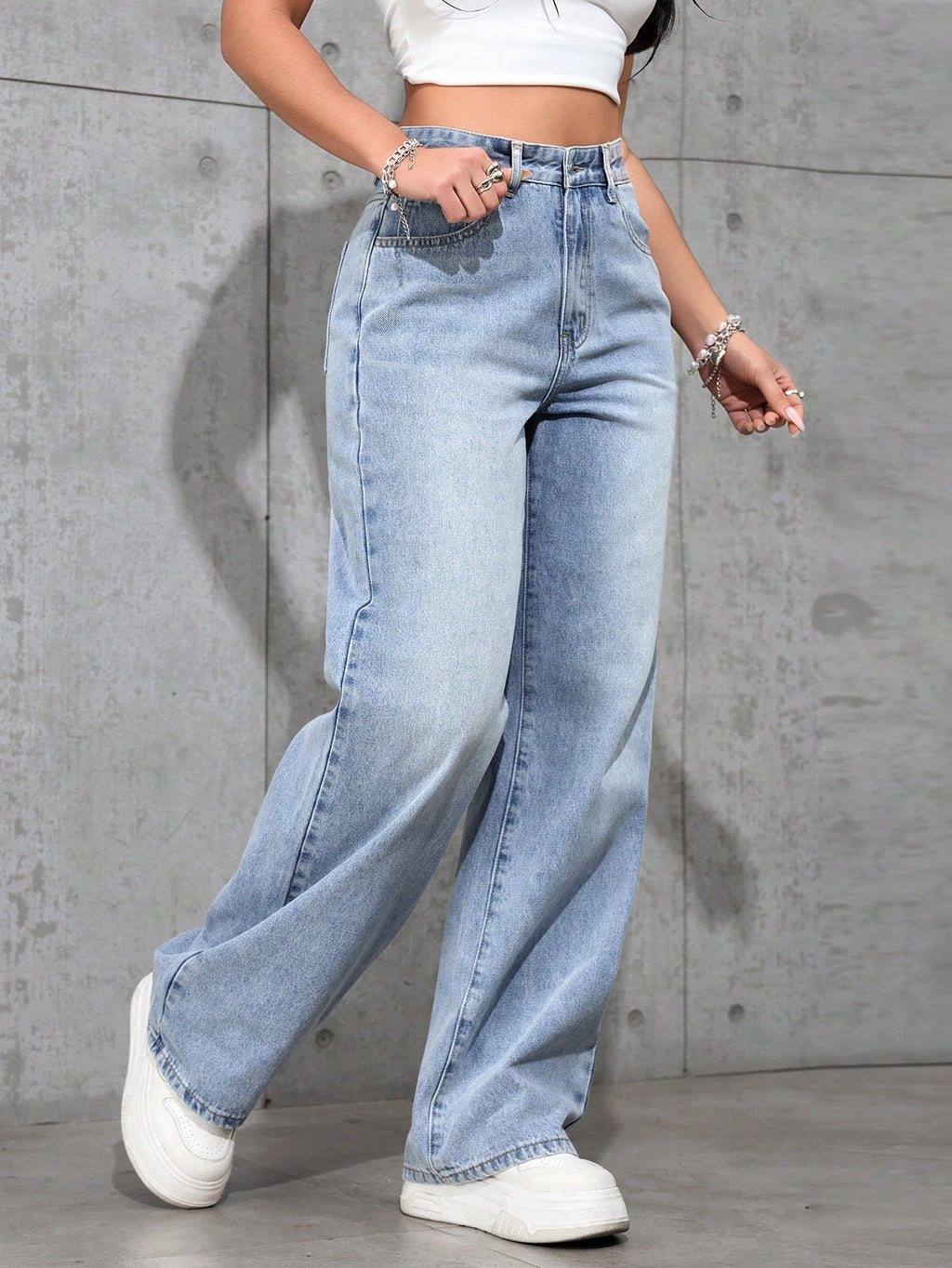 SHEIN x Lina SHEIN ICON Jeans droits taille mi-haute lavés décontractés de style rétro