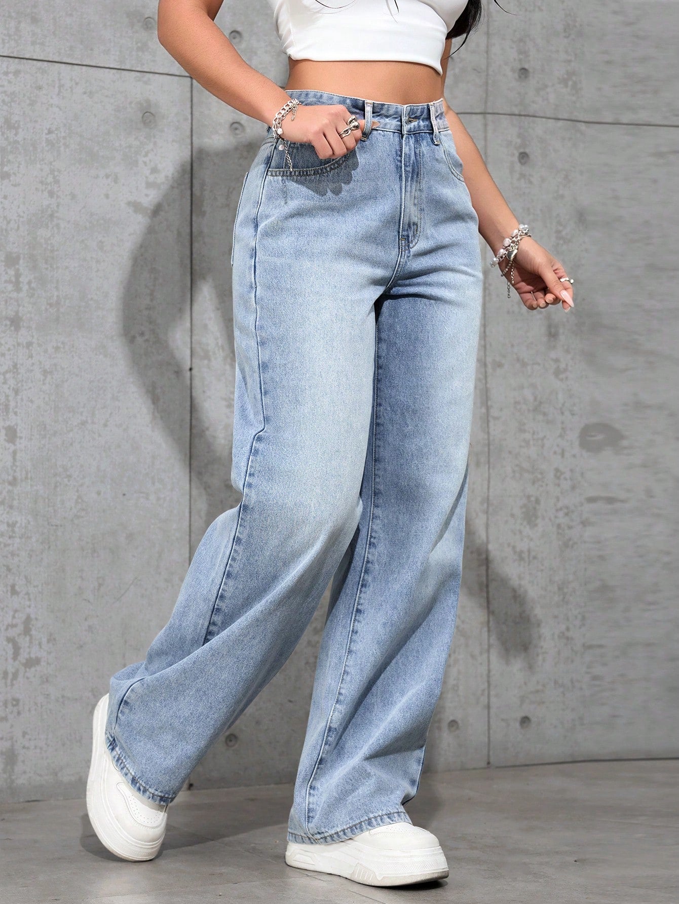 SHEIN x Lina SHEIN ICON Jeans droits taille mi-haute lavés décontractés de style rétro