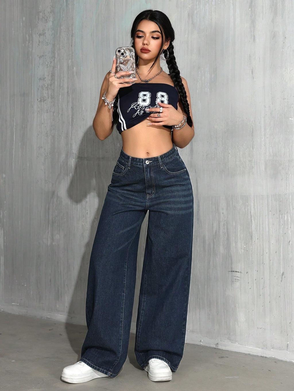 Jeans droits à taille haute lavés de manière décontractée