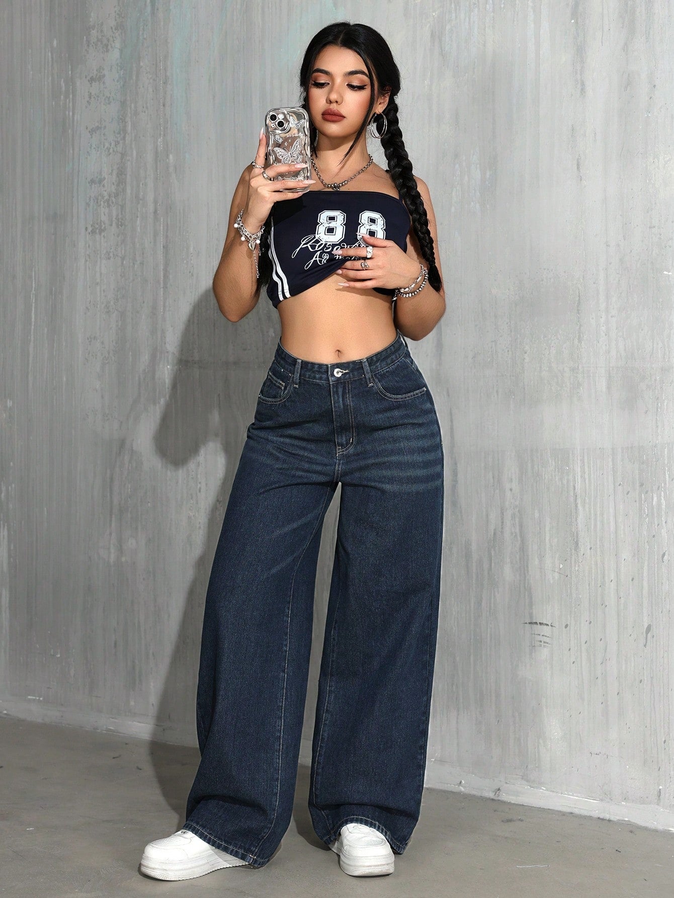 Jeans droits à taille haute lavés de manière décontractée