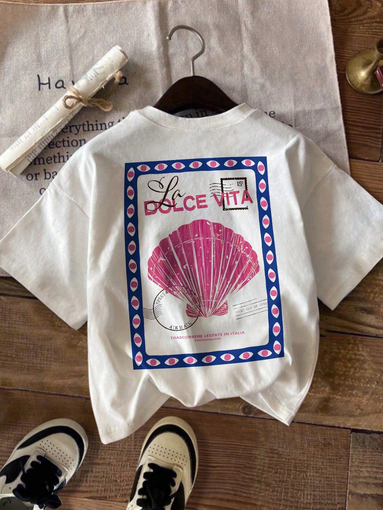 SHEIN Unity T-shirt casual d'été pour femmes grandes tailles avec imprimé lettres et coquillages, manches courtes, top d'été