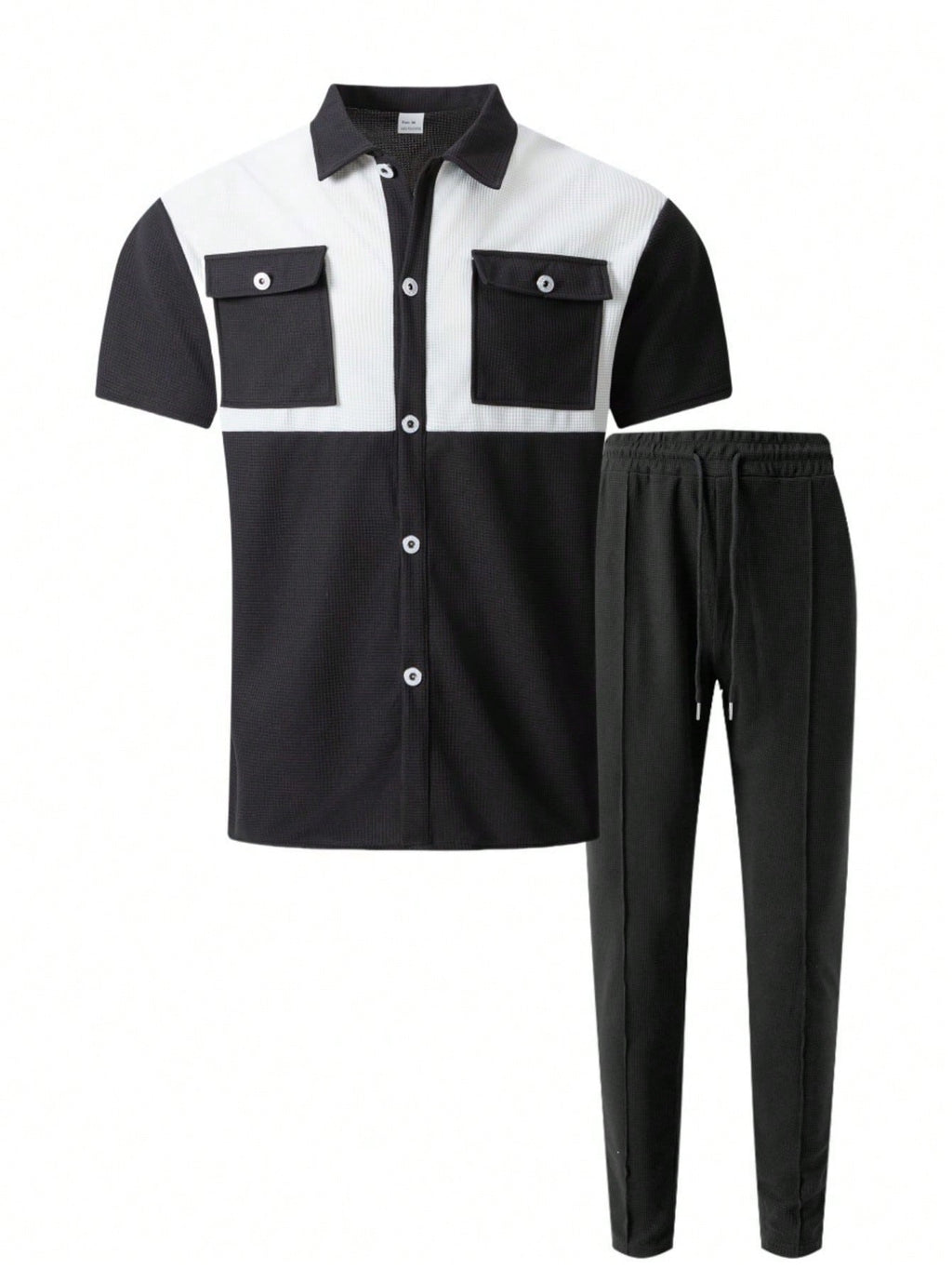 2 pièces Chemise décontractée mode homme avec boutons argentés contrastants, grandes poches et col châle + pantalon, tenue de printemps/été
