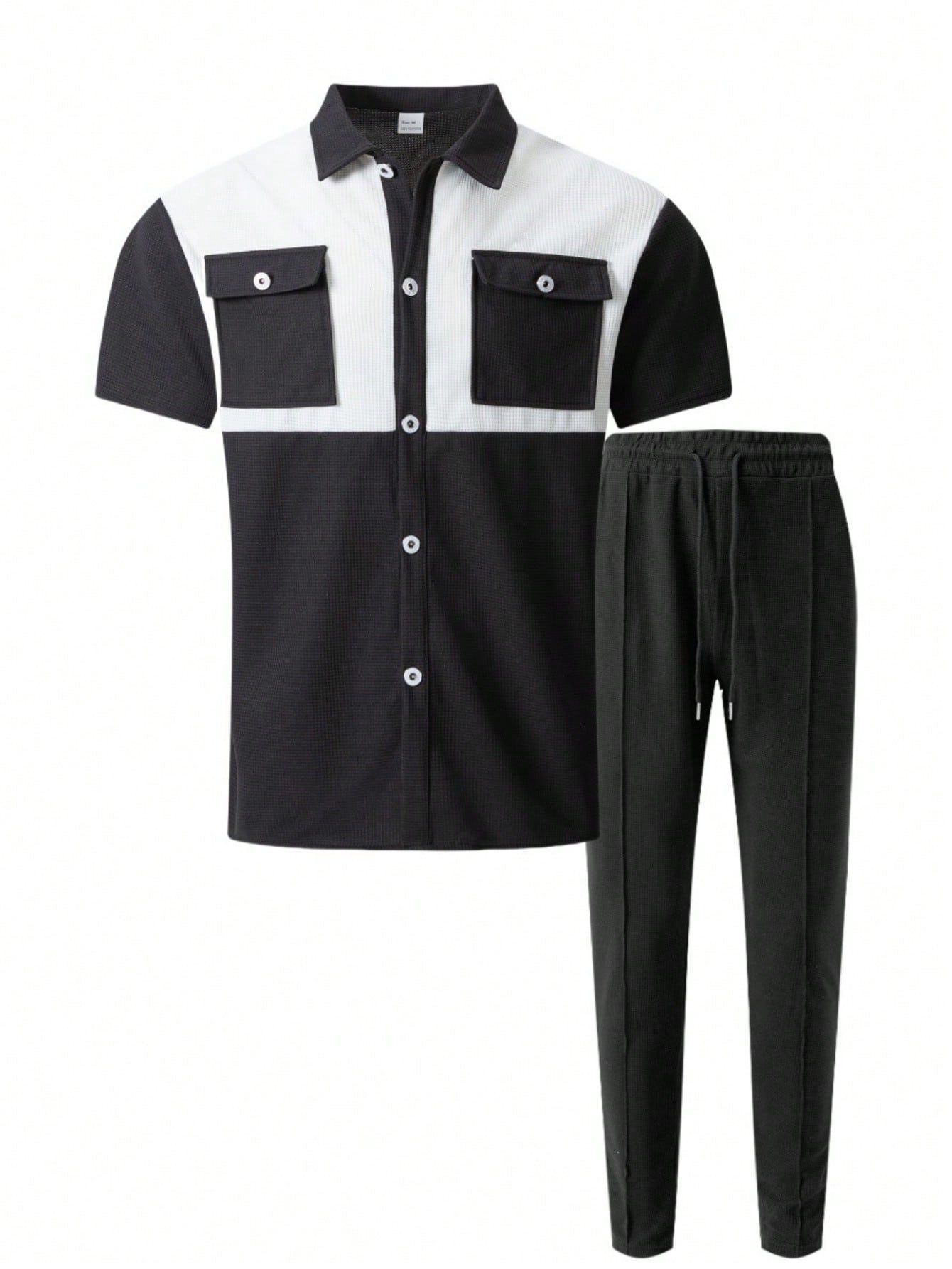 2 pièces Chemise décontractée mode homme avec boutons argentés contrastants, grandes poches et col châle + pantalon, tenue de printemps/été