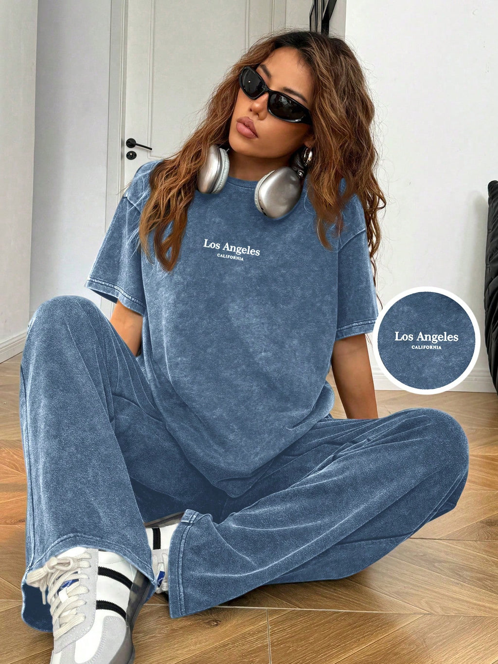 SHEIN EZwear Ensemble 2 pièces Top à manches courtes et pantalon gris vintage lavé avec broderie de lettres, tenue décontractée pour femmes