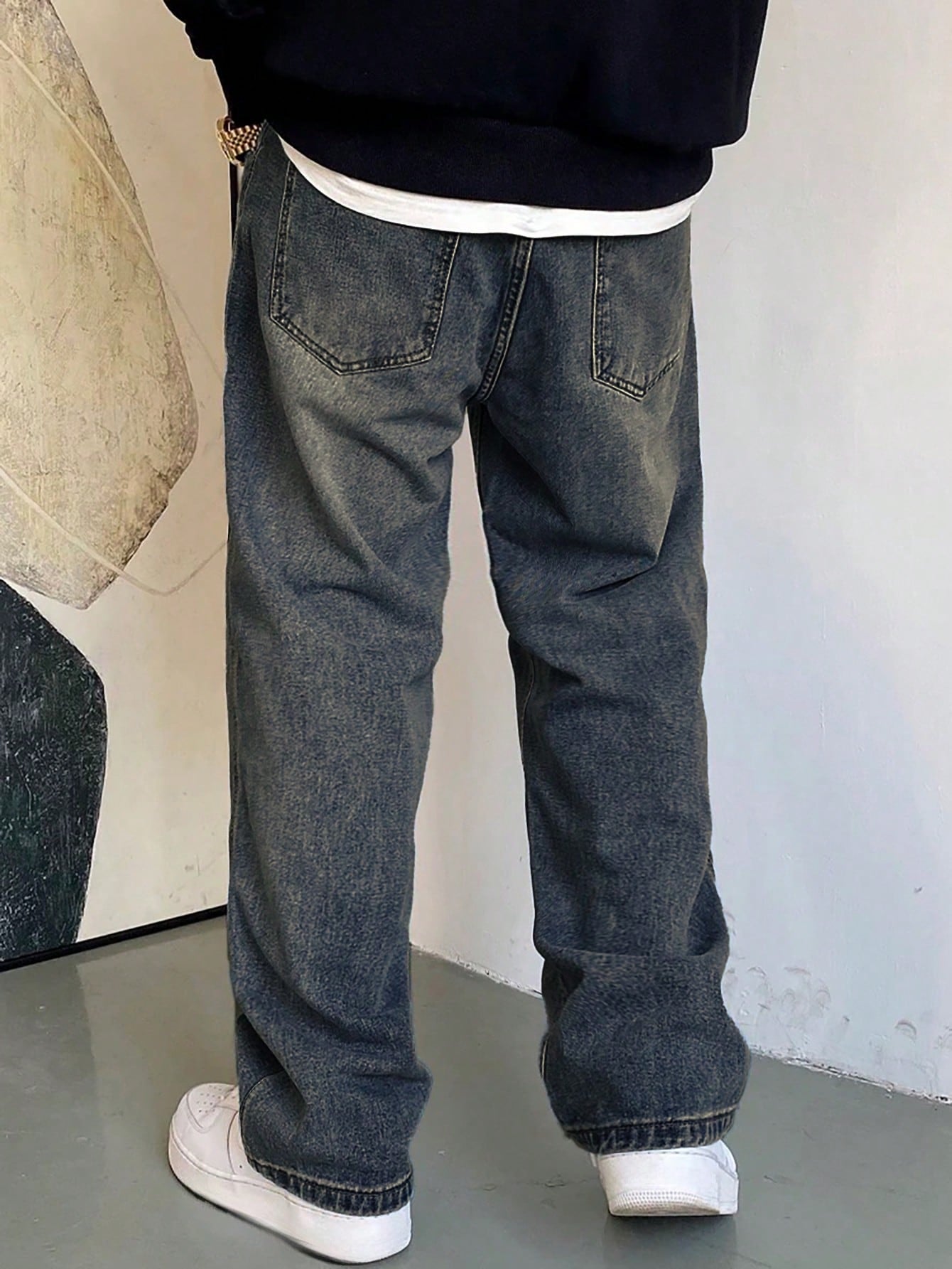 1 pièce Jeans à jambe large droite et ample délavé casual pour hommes, style japonais polyvalent