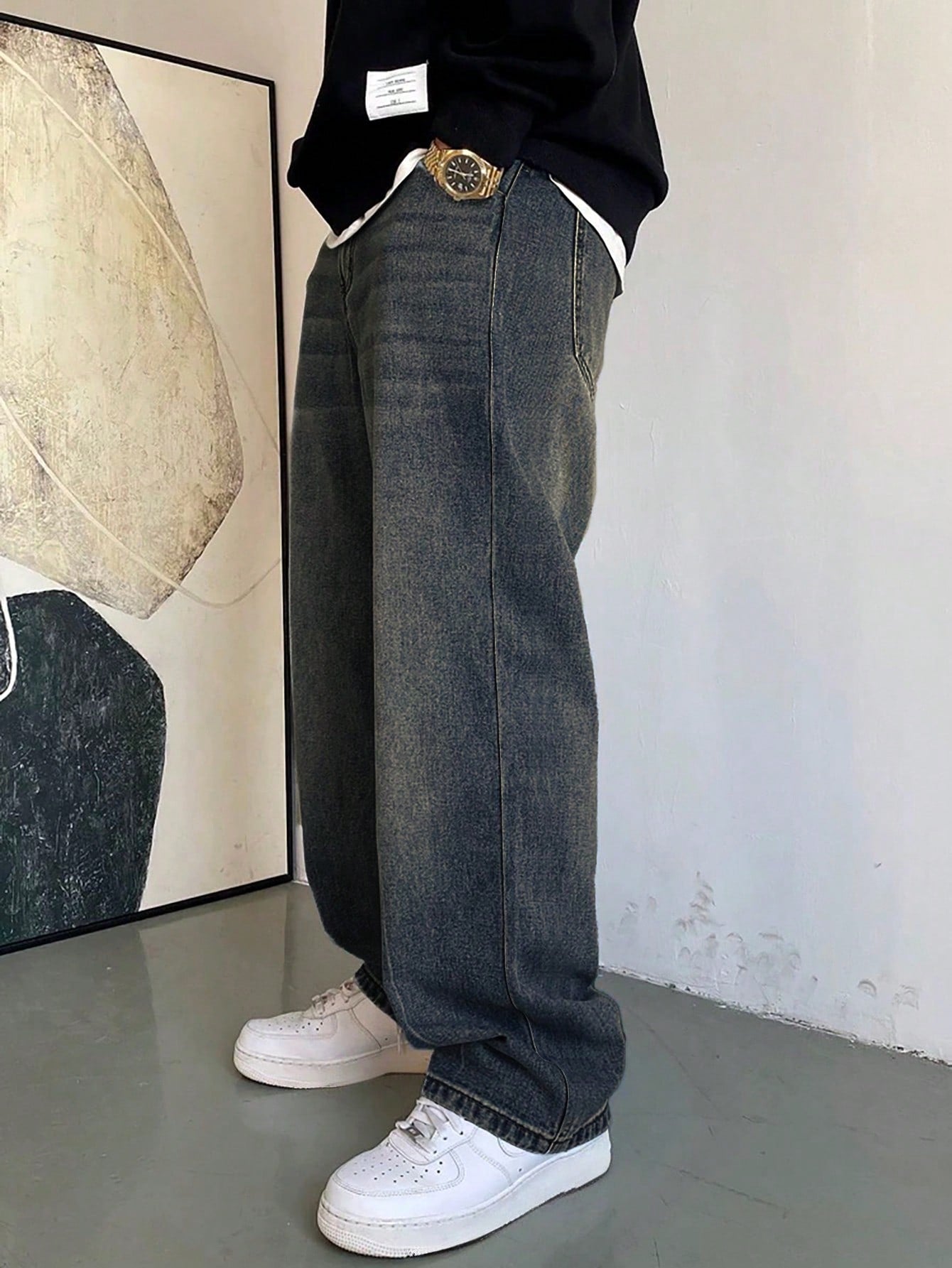 1 pièce Jeans à jambe large droite et ample délavé casual pour hommes, style japonais polyvalent