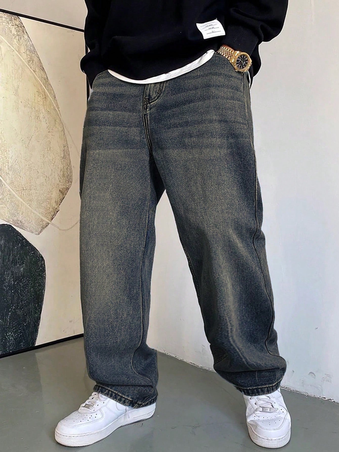 1 pièce Jeans à jambe large droite et ample délavé casual pour hommes, style japonais polyvalent
