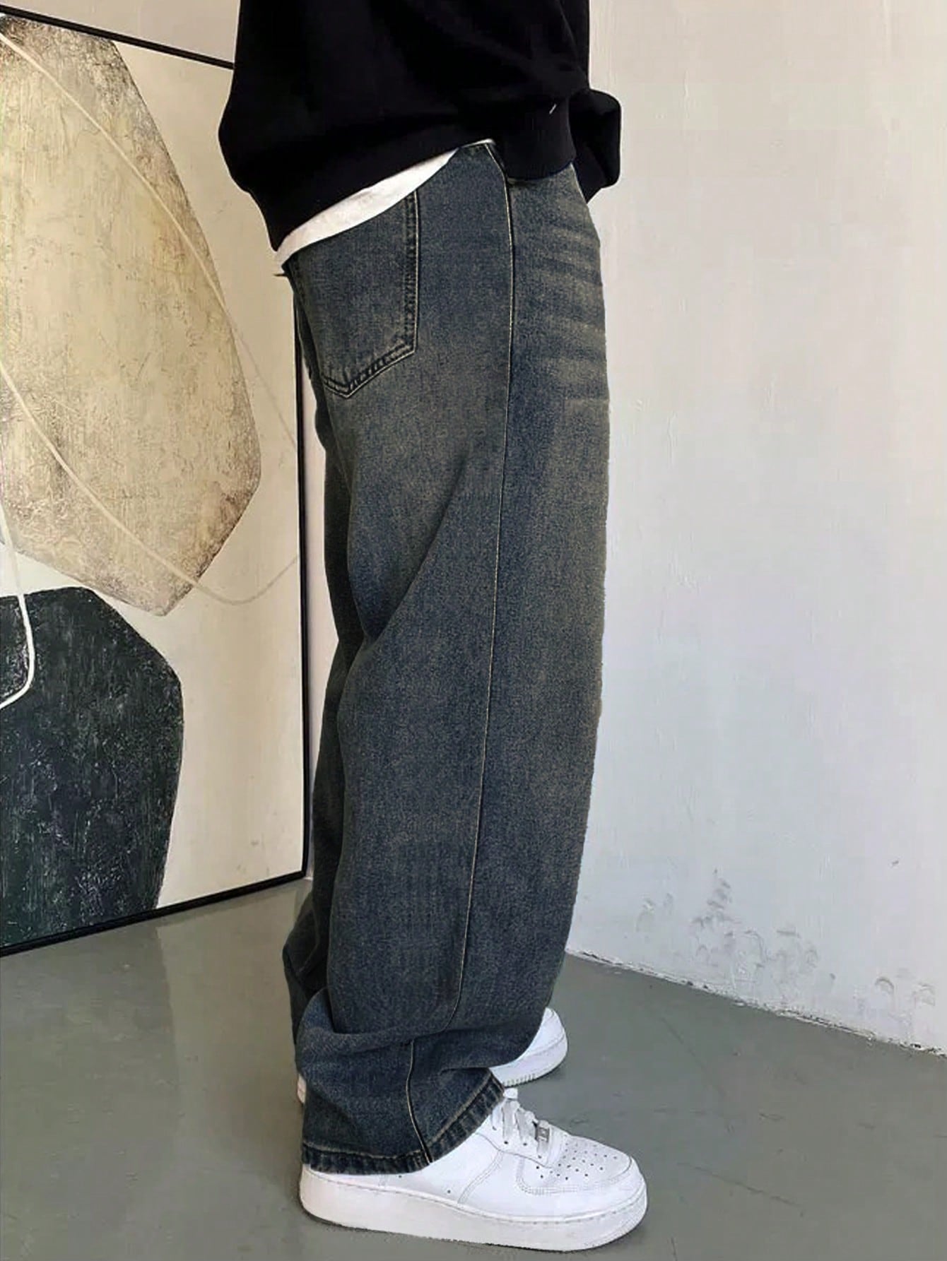 1 pièce Jeans à jambe large droite et ample délavé casual pour hommes, style japonais polyvalent