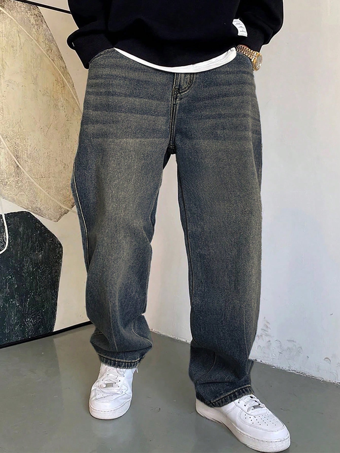 1 pièce Jeans à jambe large droite et ample délavé casual pour hommes, style japonais polyvalent