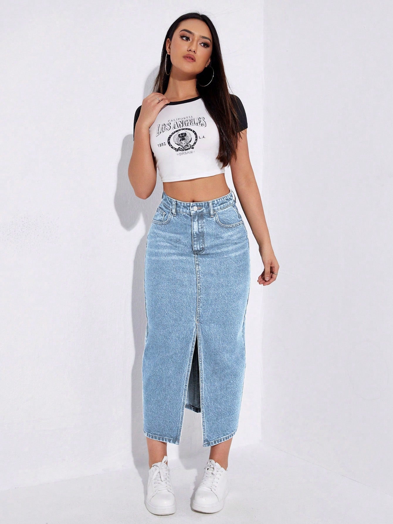 SHEIN EZwear Jupe en jean décontractée coupe droite longue pour femme avec poches à fente avant