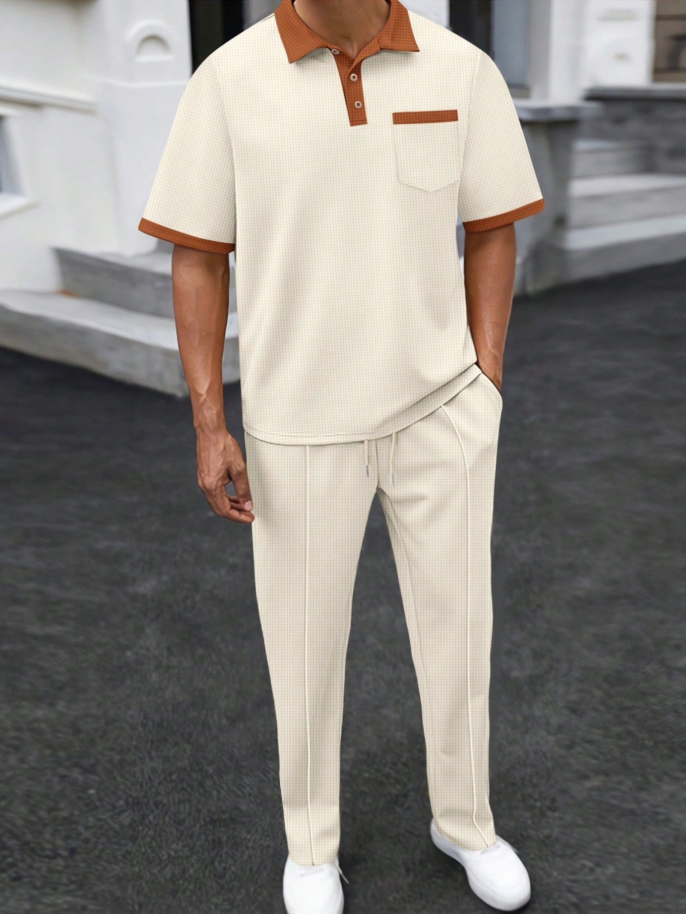 2 pièces Ensemble de sport pour homme, polo à manches courtes casual + pantalon long