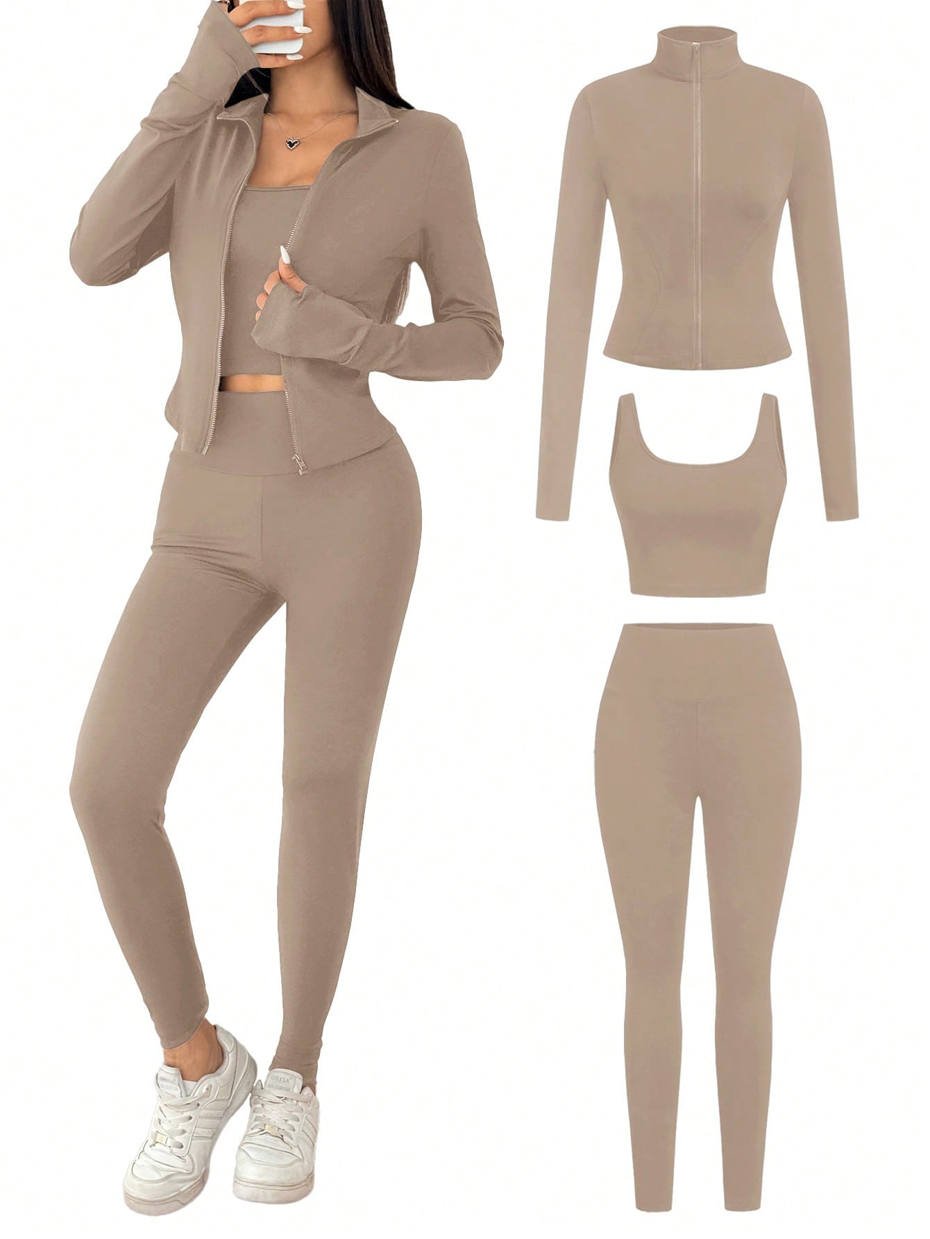 SHEIN EZwear Ensemble de 3 pièces de vêtements de sport pour femme comprenant un cardigan zippé en tricot noir, un débardeur et un pantalon