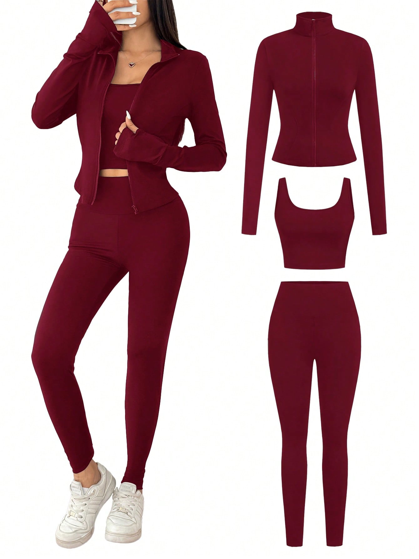 SHEIN EZwear Ensemble de 3 pièces de vêtements de sport pour femme comprenant un cardigan zippé en tricot noir, un débardeur et un pantalon