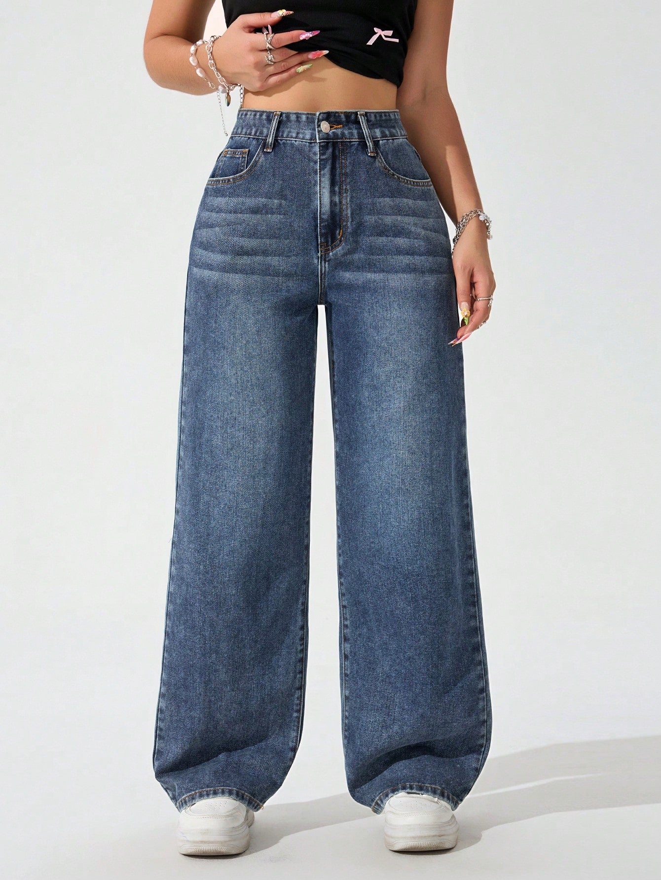 SHEIN x Lina SHEIN ICON Jeans droits taille mi-haute lavés décontractés de style rétro