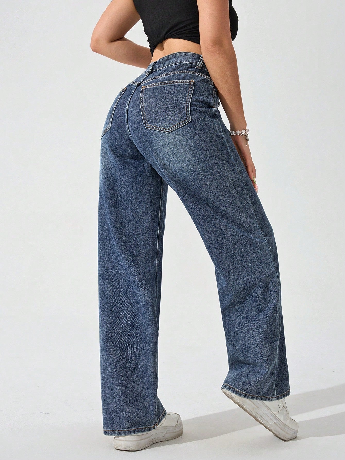 SHEIN x Lina SHEIN ICON Jeans droits taille mi-haute lavés décontractés de style rétro