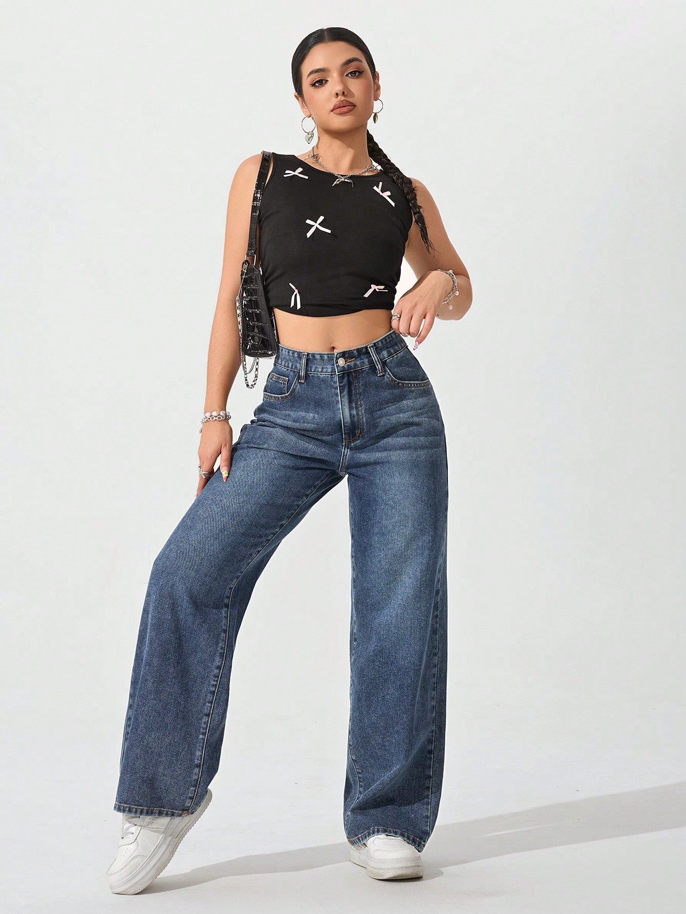 SHEIN x Lina SHEIN ICON Jeans droits taille mi-haute lavés décontractés de style rétro