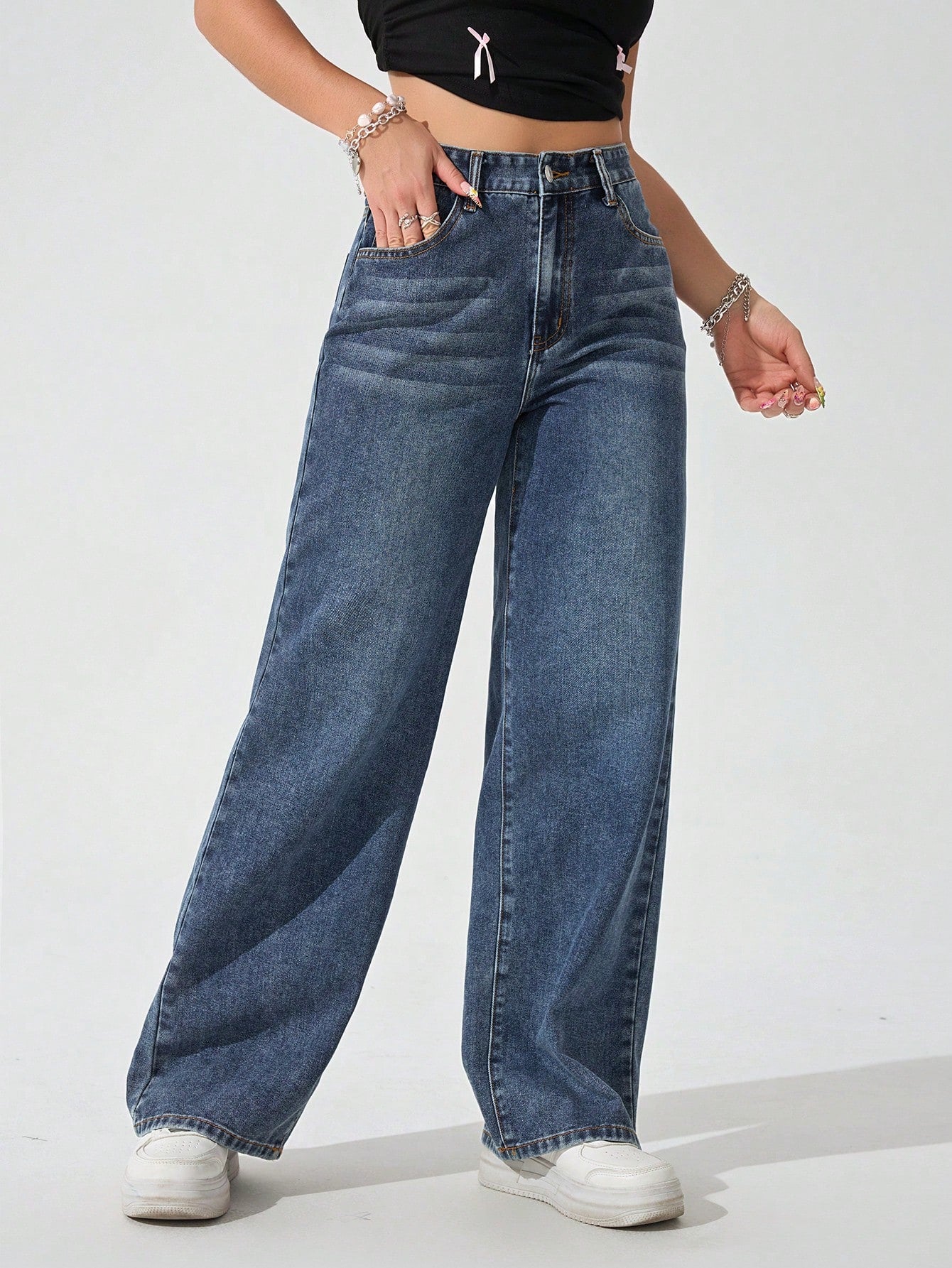 SHEIN x Lina SHEIN ICON Jeans droits taille mi-haute lavés décontractés de style rétro