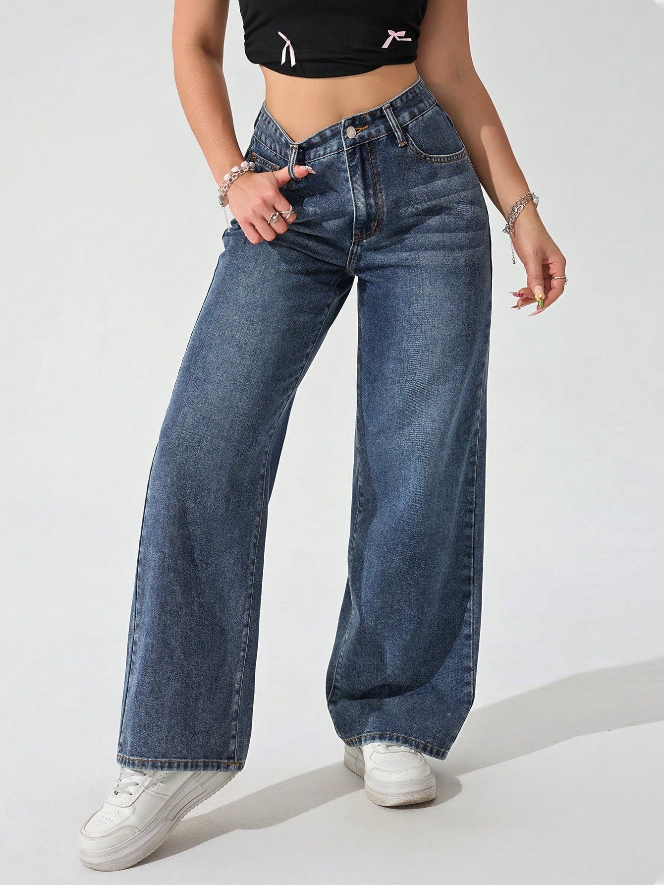 SHEIN x Lina SHEIN ICON Jeans droits taille mi-haute lavés décontractés de style rétro