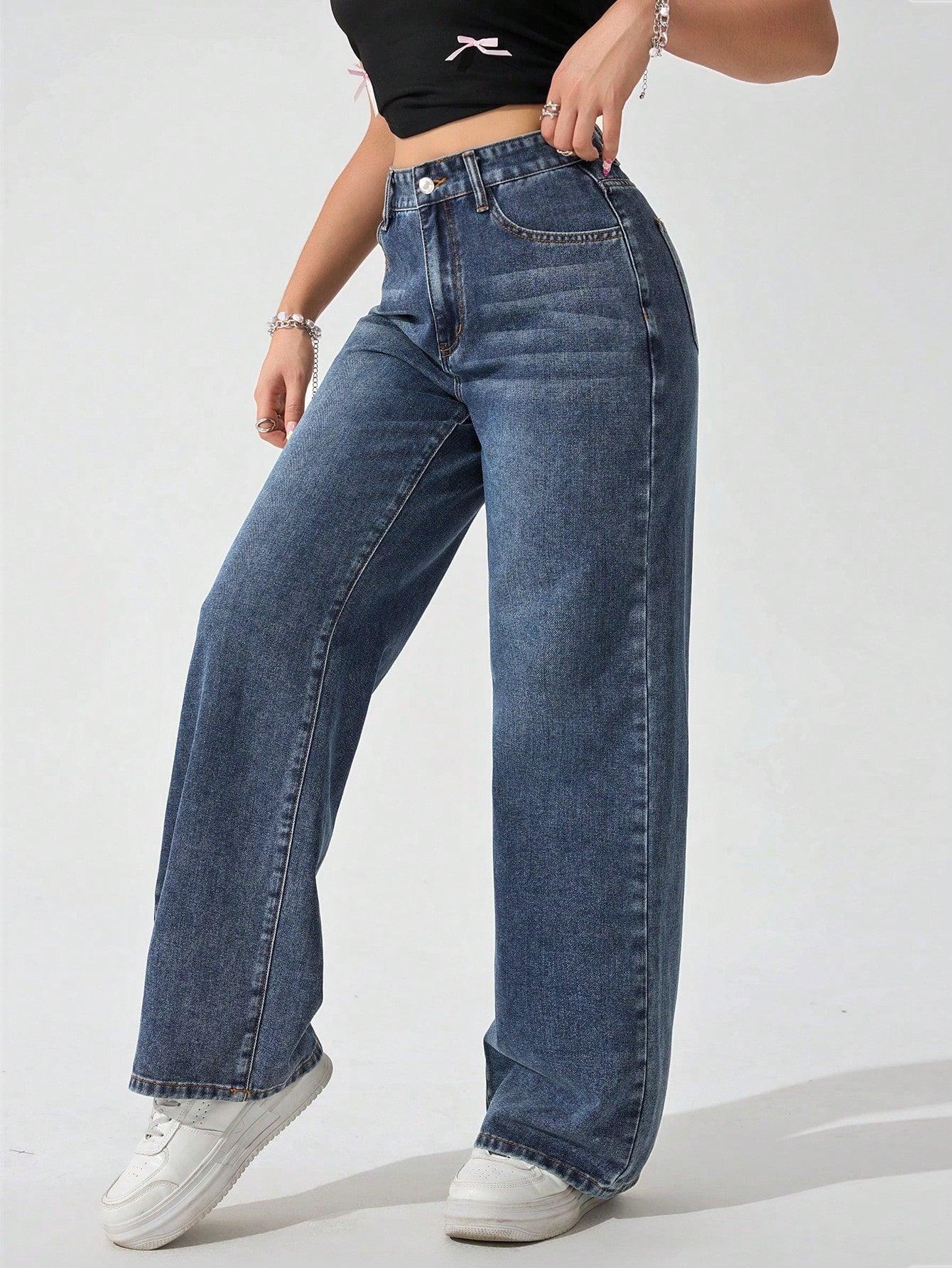 SHEIN x Lina SHEIN ICON Jeans droits taille mi-haute lavés décontractés de style rétro