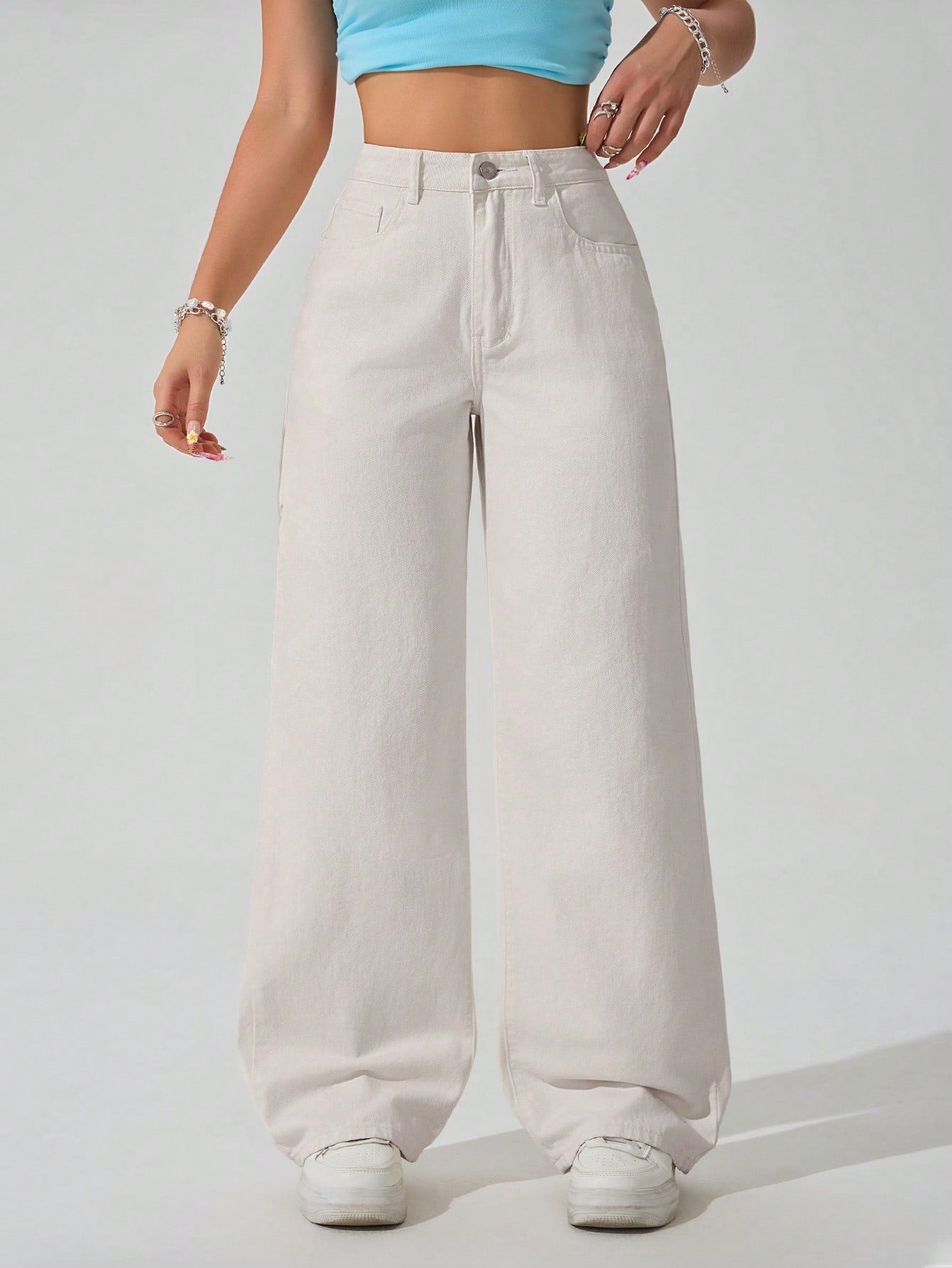 SHEIN x Lina SHEIN ICON Jeans droits taille mi-haute lavés décontractés de style rétro