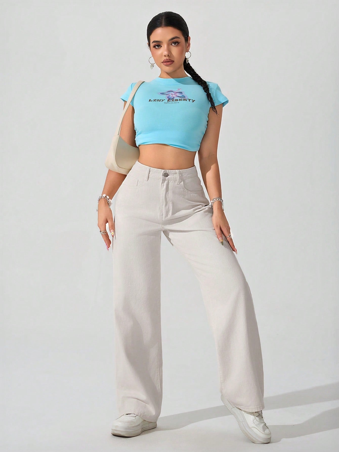 SHEIN x Lina SHEIN ICON Jeans droits taille mi-haute lavés décontractés de style rétro