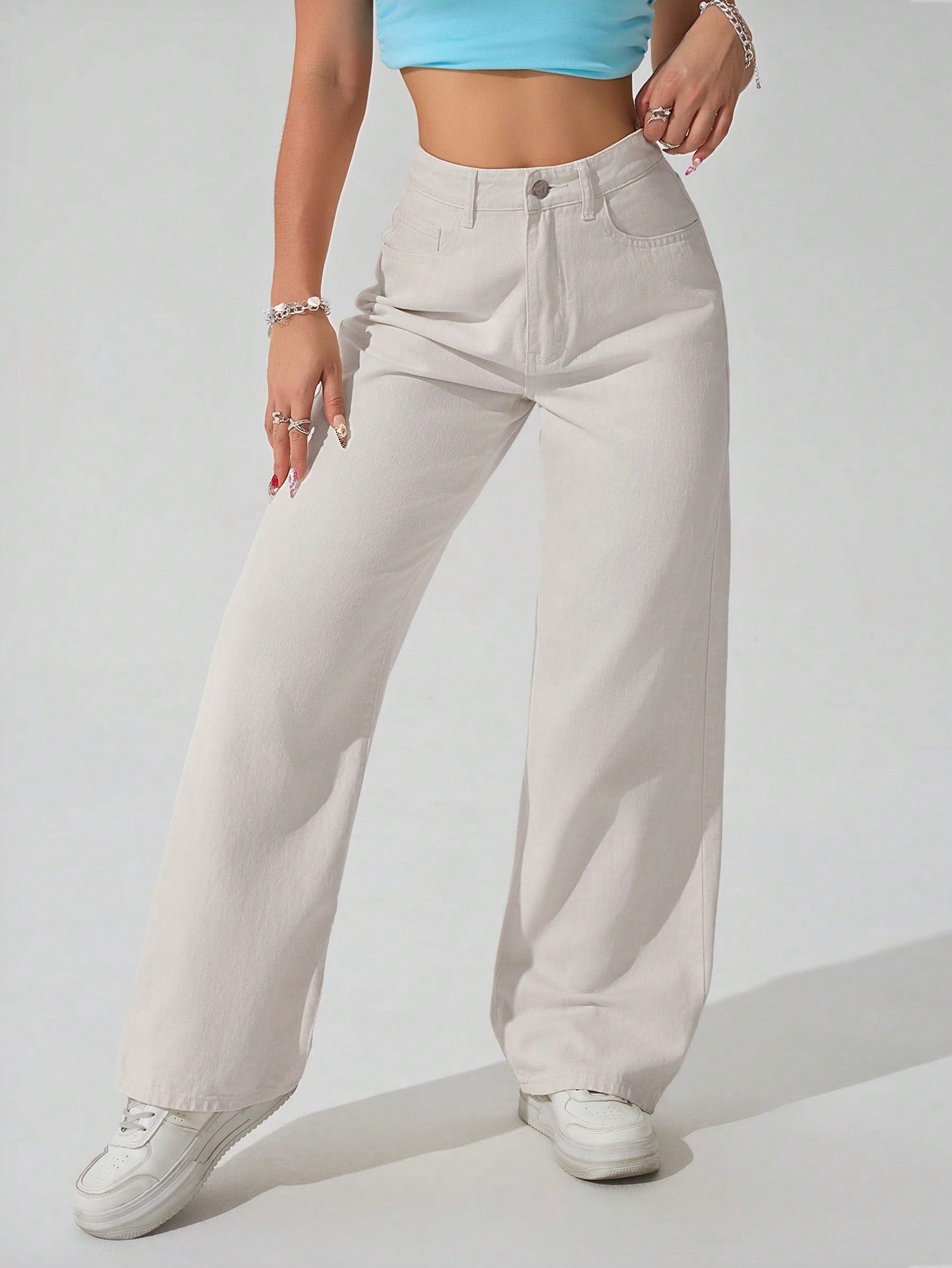 SHEIN x Lina SHEIN ICON Jeans droits taille mi-haute lavés décontractés de style rétro