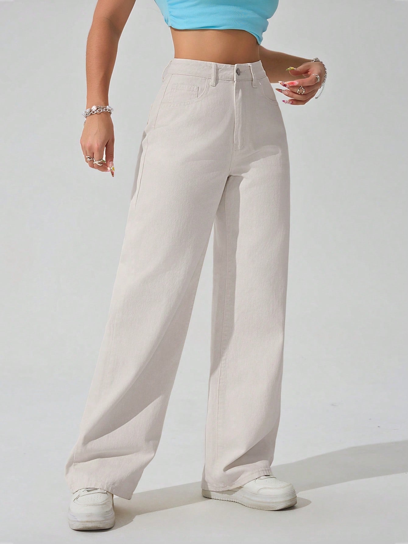 SHEIN x Lina SHEIN ICON Jeans droits taille mi-haute lavés décontractés de style rétro