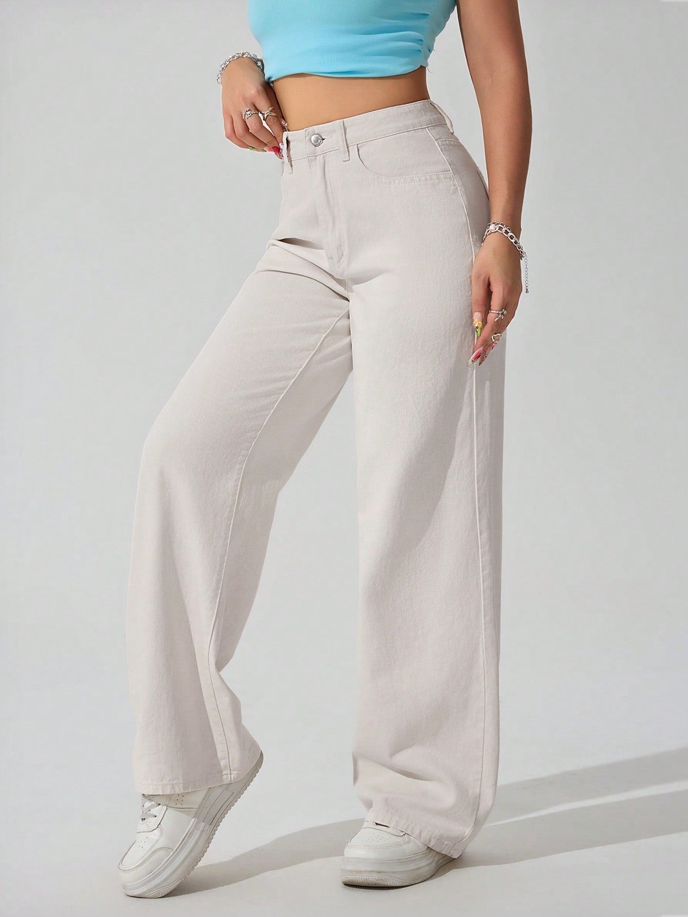 SHEIN x Lina SHEIN ICON Jeans droits taille mi-haute lavés décontractés de style rétro