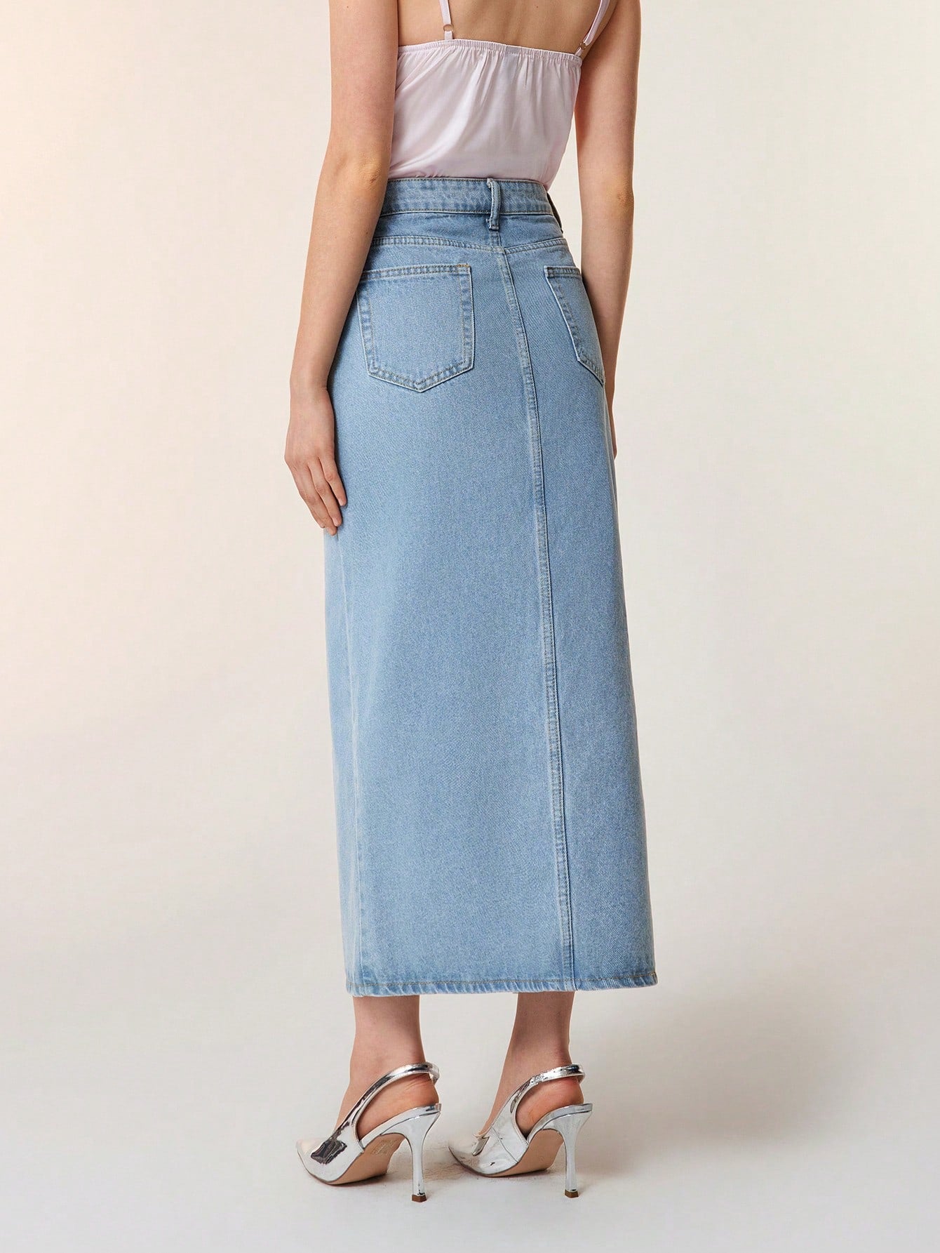 SHEIN EZwear Jupe en jean décontractée coupe droite longue pour femme avec poches à fente avant