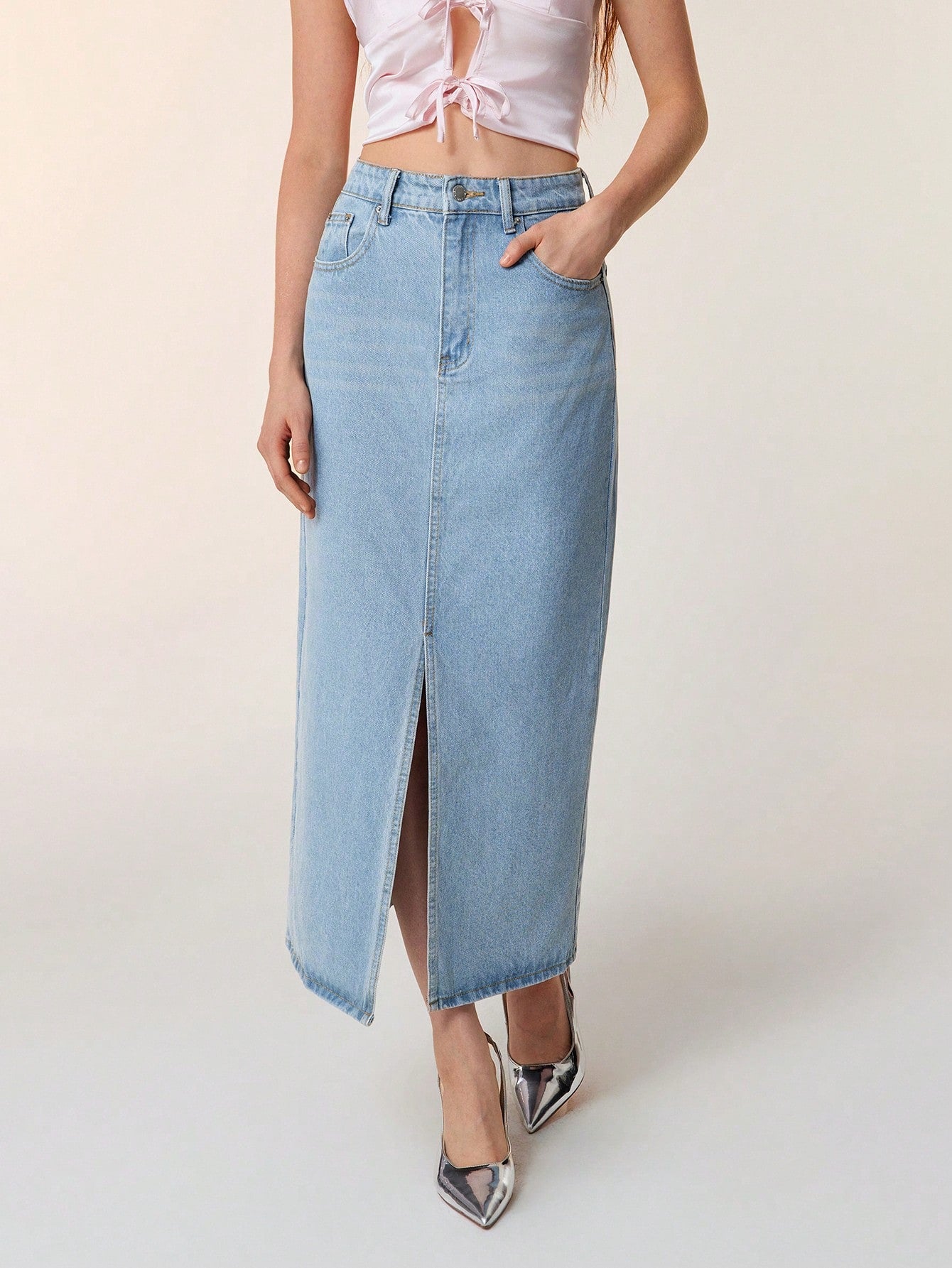 SHEIN EZwear Jupe en jean décontractée coupe droite longue pour femme avec poches à fente avant
